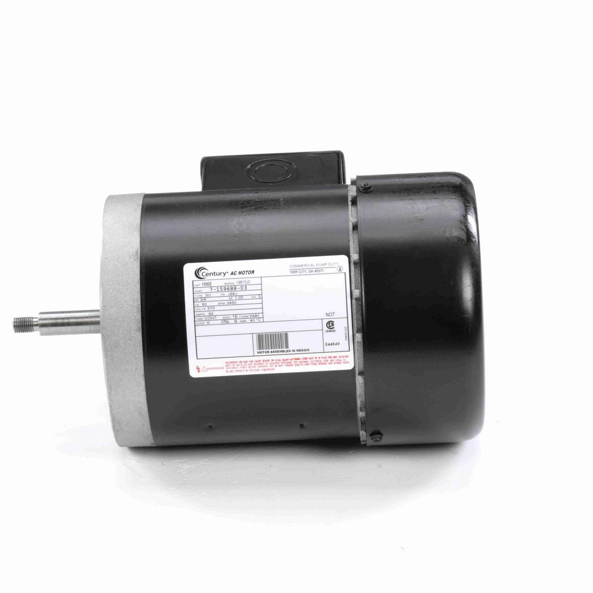 Century General Purpose Pump Motor, 3/4 HP, 3 Ph, 60 Hz, 575 V, 3600 RPM, J56J Frame, TEFC - H966