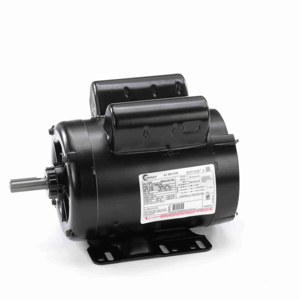 Century General Purpose Farm Duty Motor, 1.0-.29 HP, 1 Ph, 60 Hz, 230 V, 1800 RPM, L56H Frame, TEAO - C597