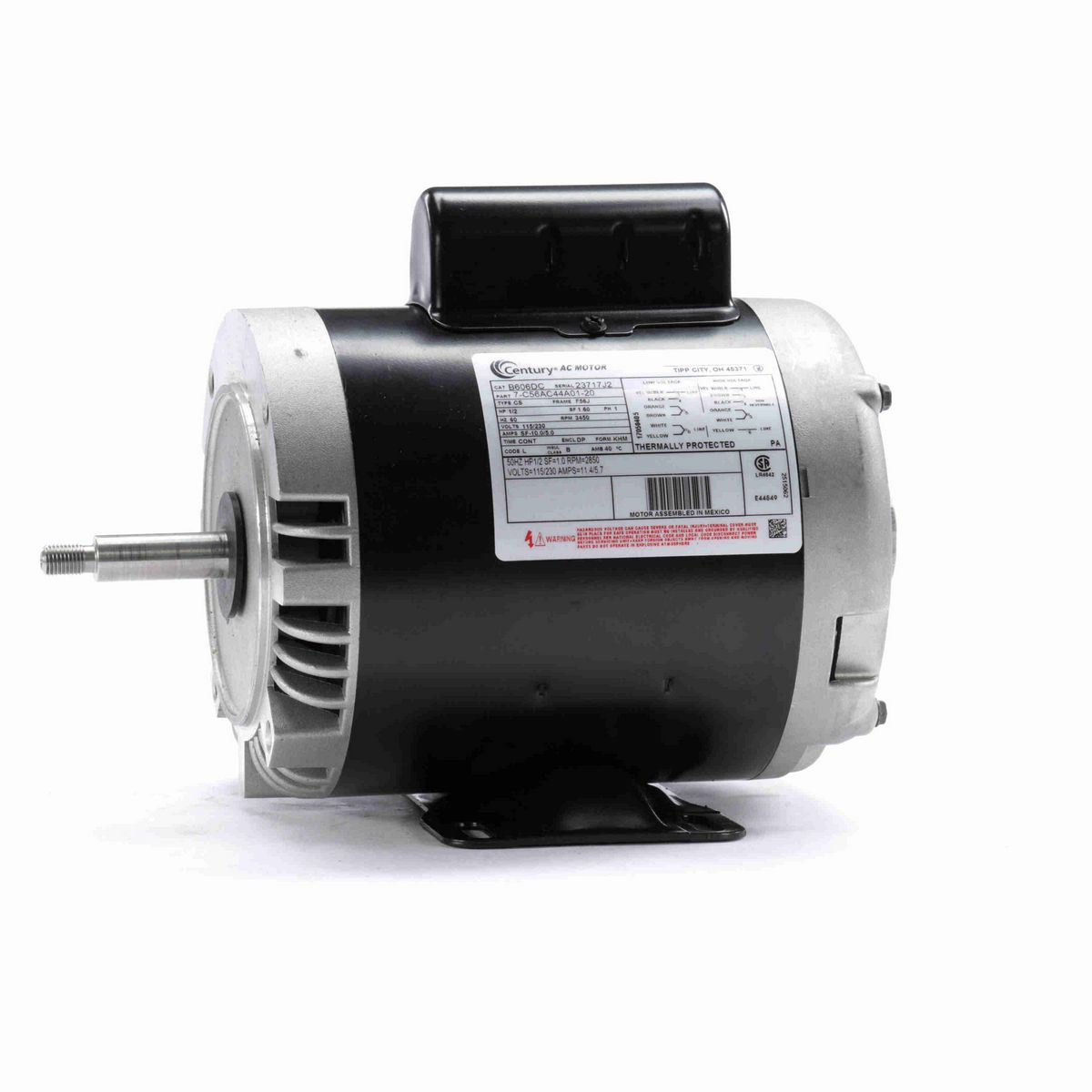 Century Centrifugal Pumps Motor, 1/2 HP, 1 Ph, 60 Hz, 115/230 V, 3600 RPM, F56J Frame, DP - B606DC