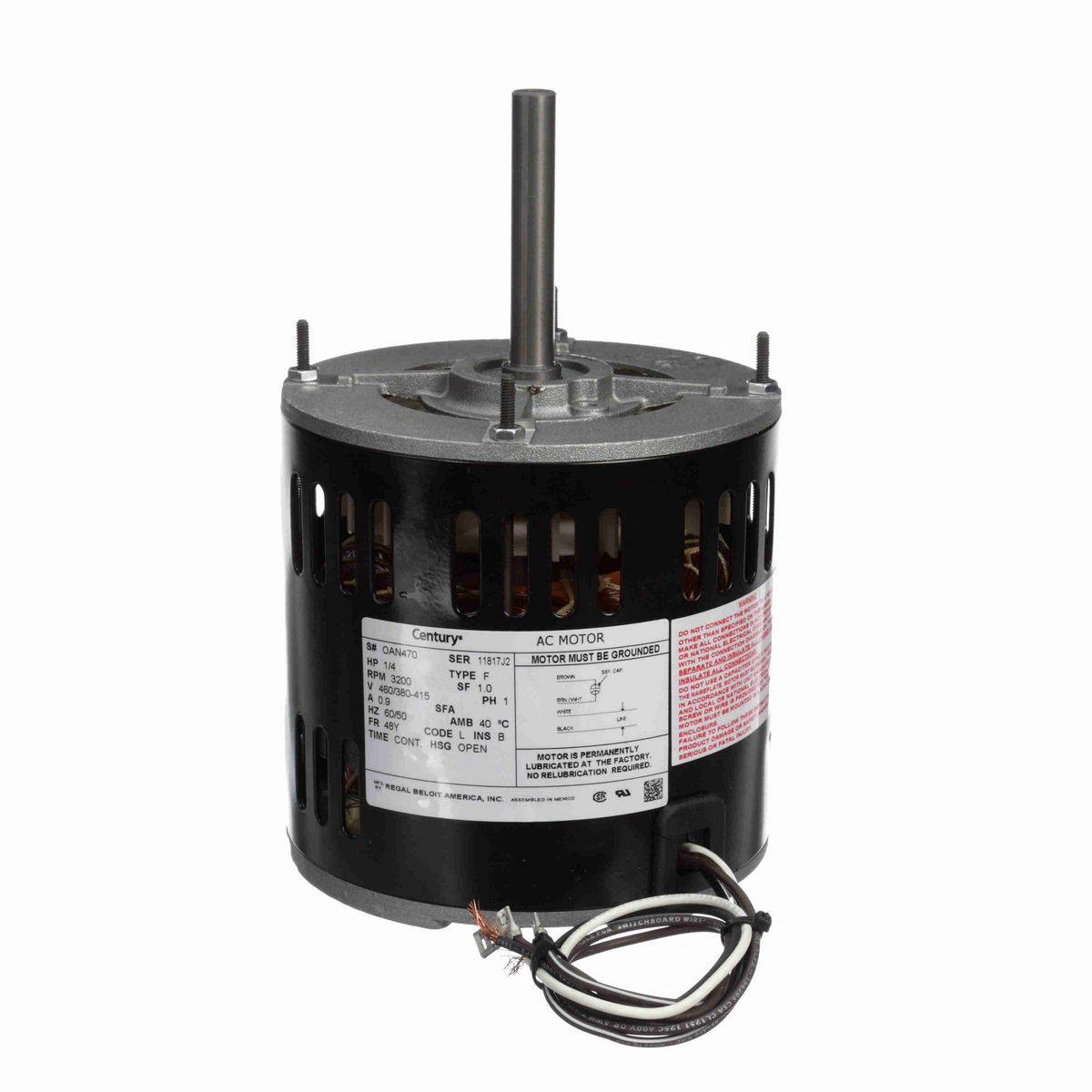Century OEM Replacement Motor, 1/4 HP, 1 Ph, 60/50 Hz, 460/380-415 V, 3600 RPM, 48Y Frame, OPEN - OAN470