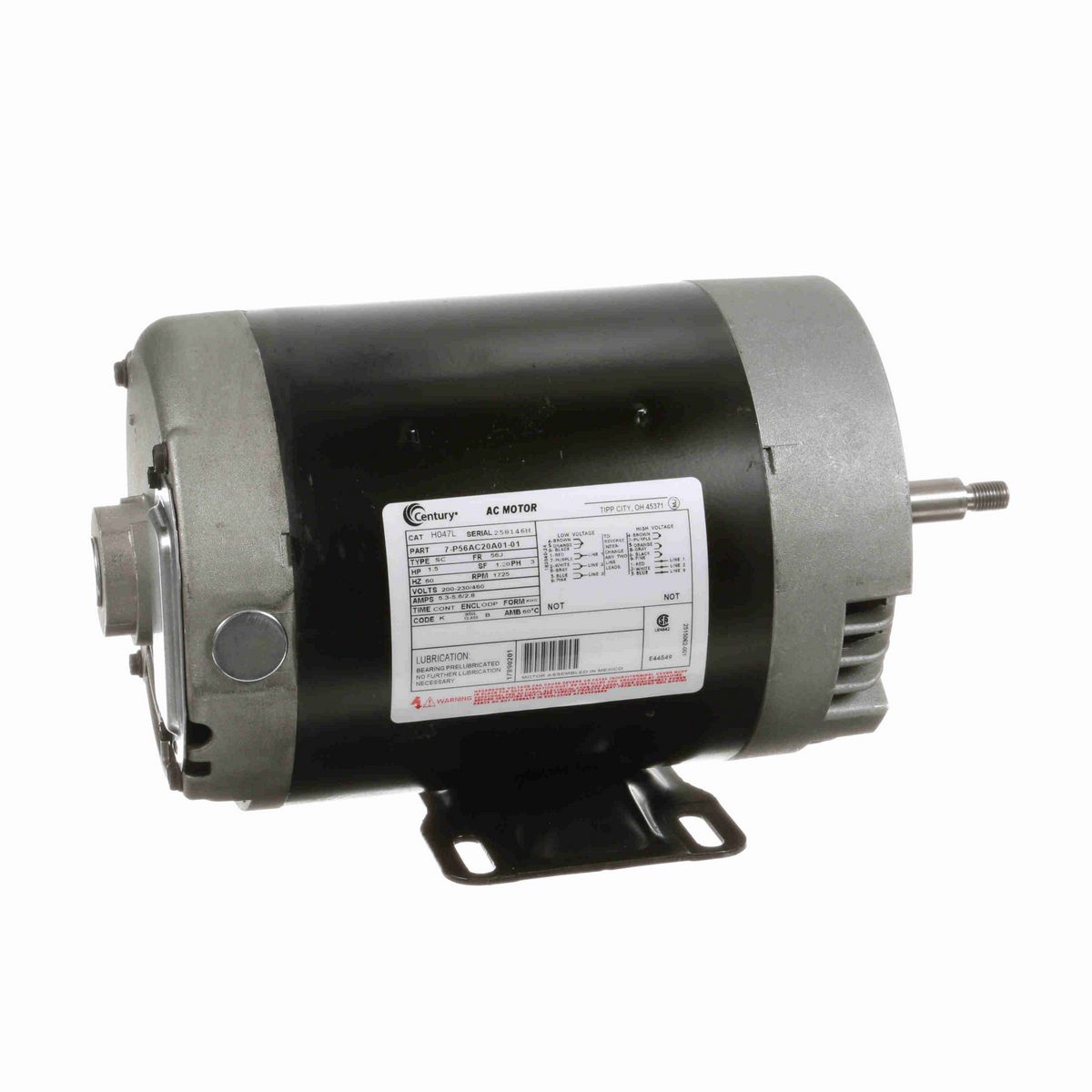 Century General Purpose Motor, 1.5 HP, 3 Ph, 60 Hz, 200-230/460 V, 1800 RPM, 56J Frame, ODP - H047L