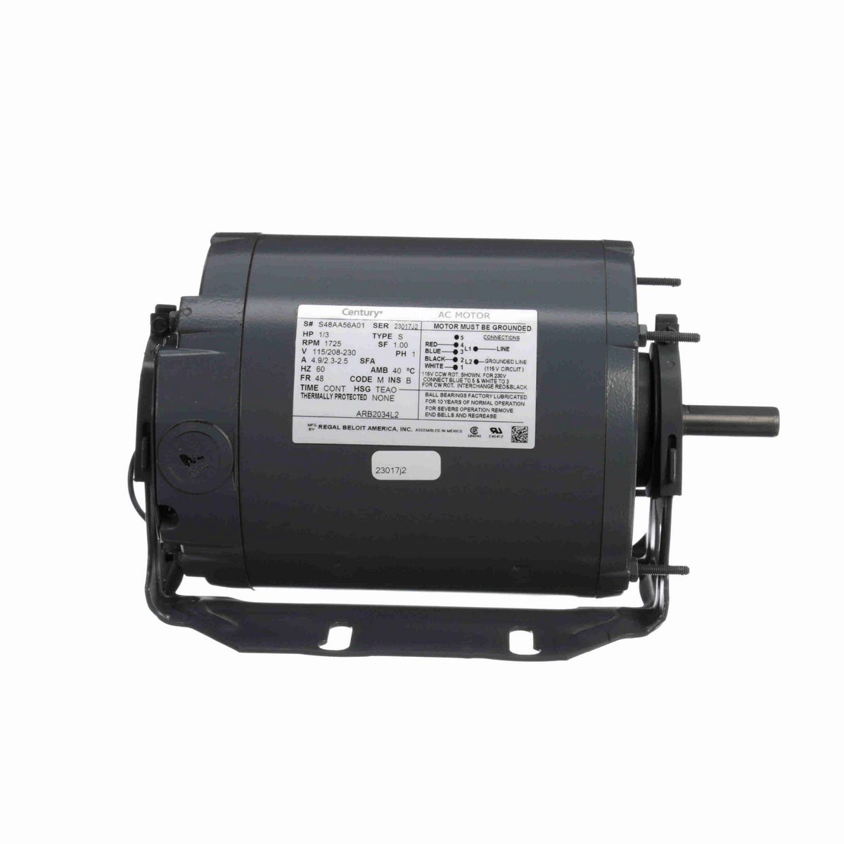 Century Fan and Blower Motor, 1/3 HP, 1 Ph, 60 Hz, 115/208-230 V, 1800 RPM, 48 Frame, TEAO - ARB2034L2