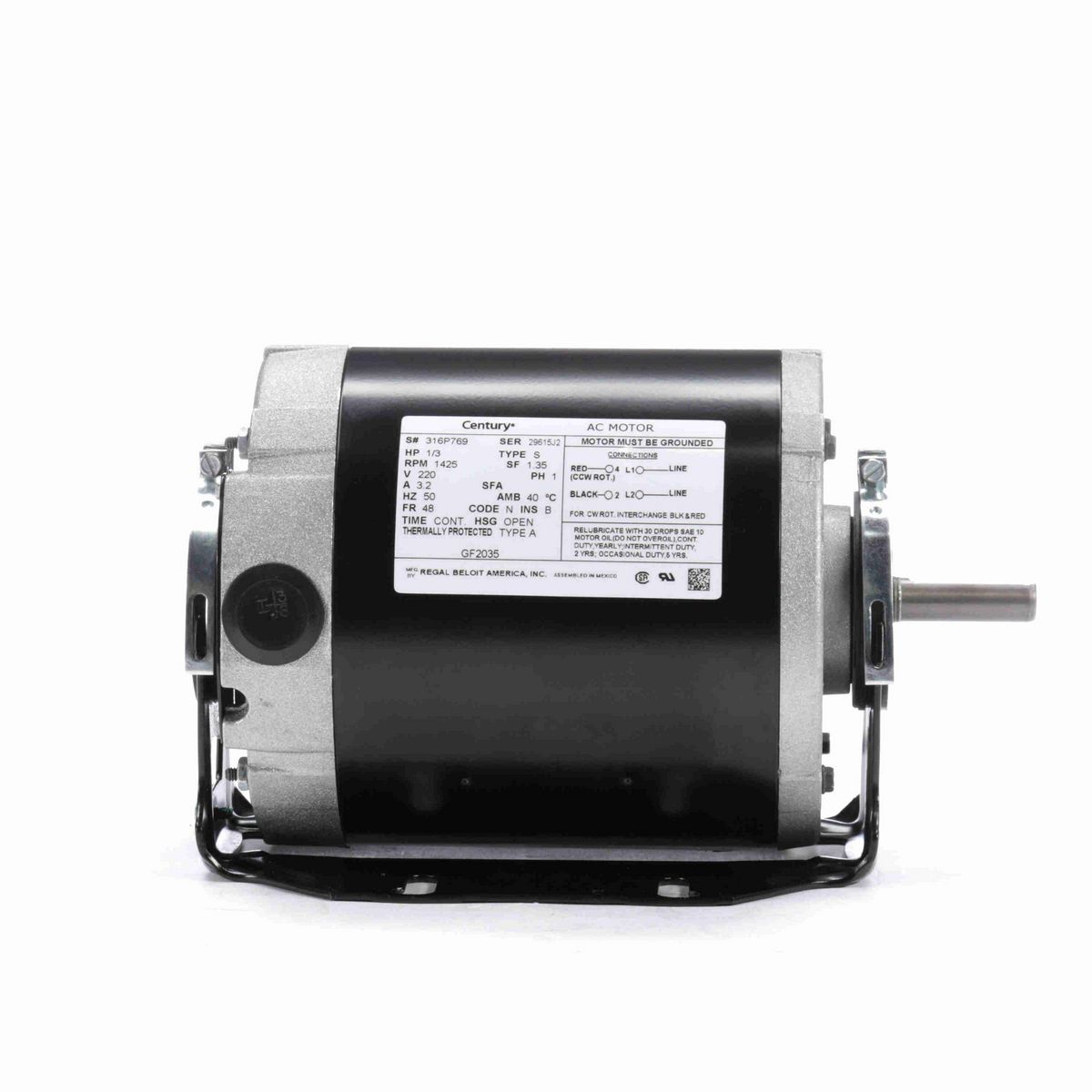 Century Fan and Blower Motor, 1/3 HP, 1 Ph, 50 Hz, 220 V, 1500 RPM, 48 Frame, OPEN - GF2035
