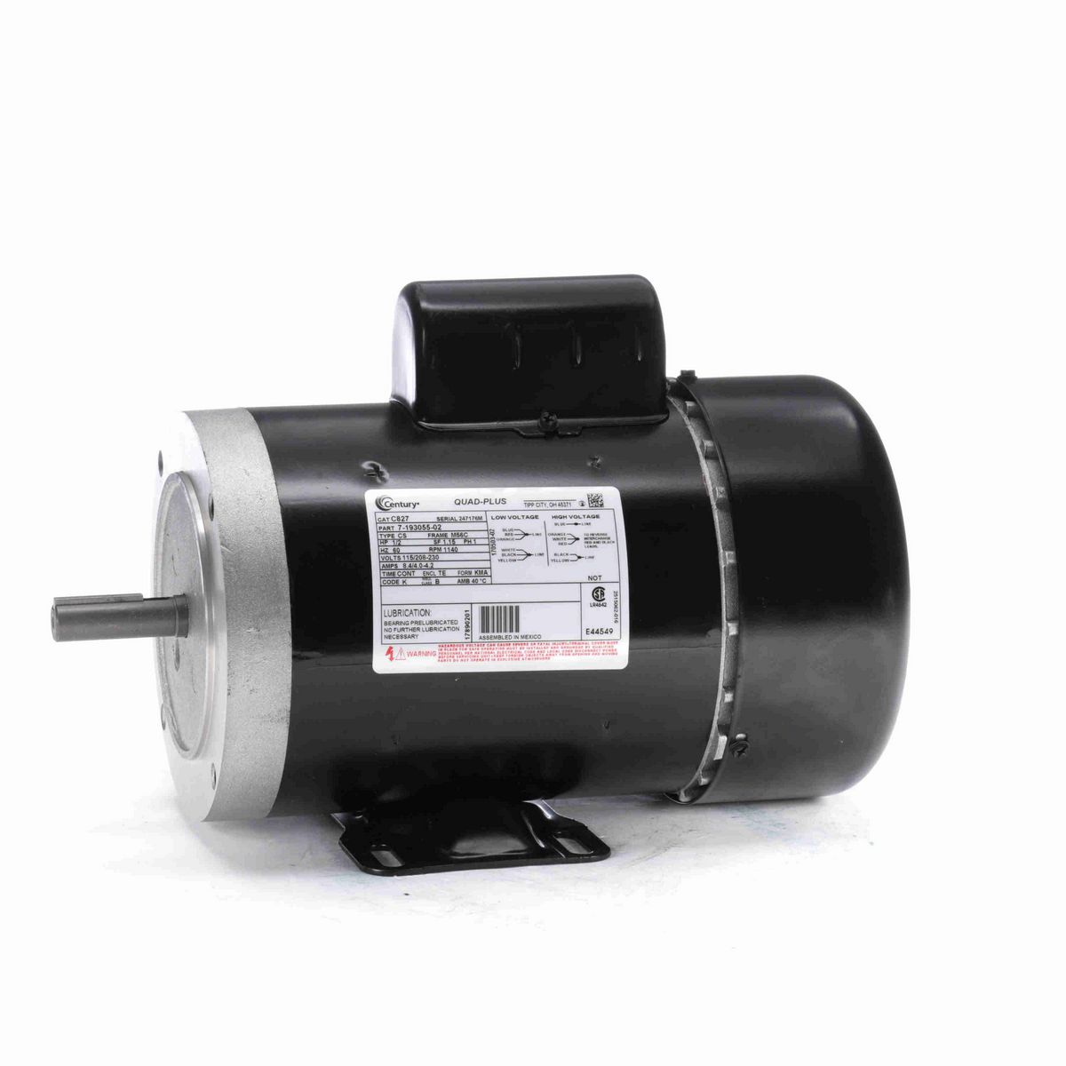 Century General Purpose Motor, 1/2 HP, 1 Ph, 60 Hz, 115/208-230 V, 1200 RPM, M56C Frame, TEFC - C827