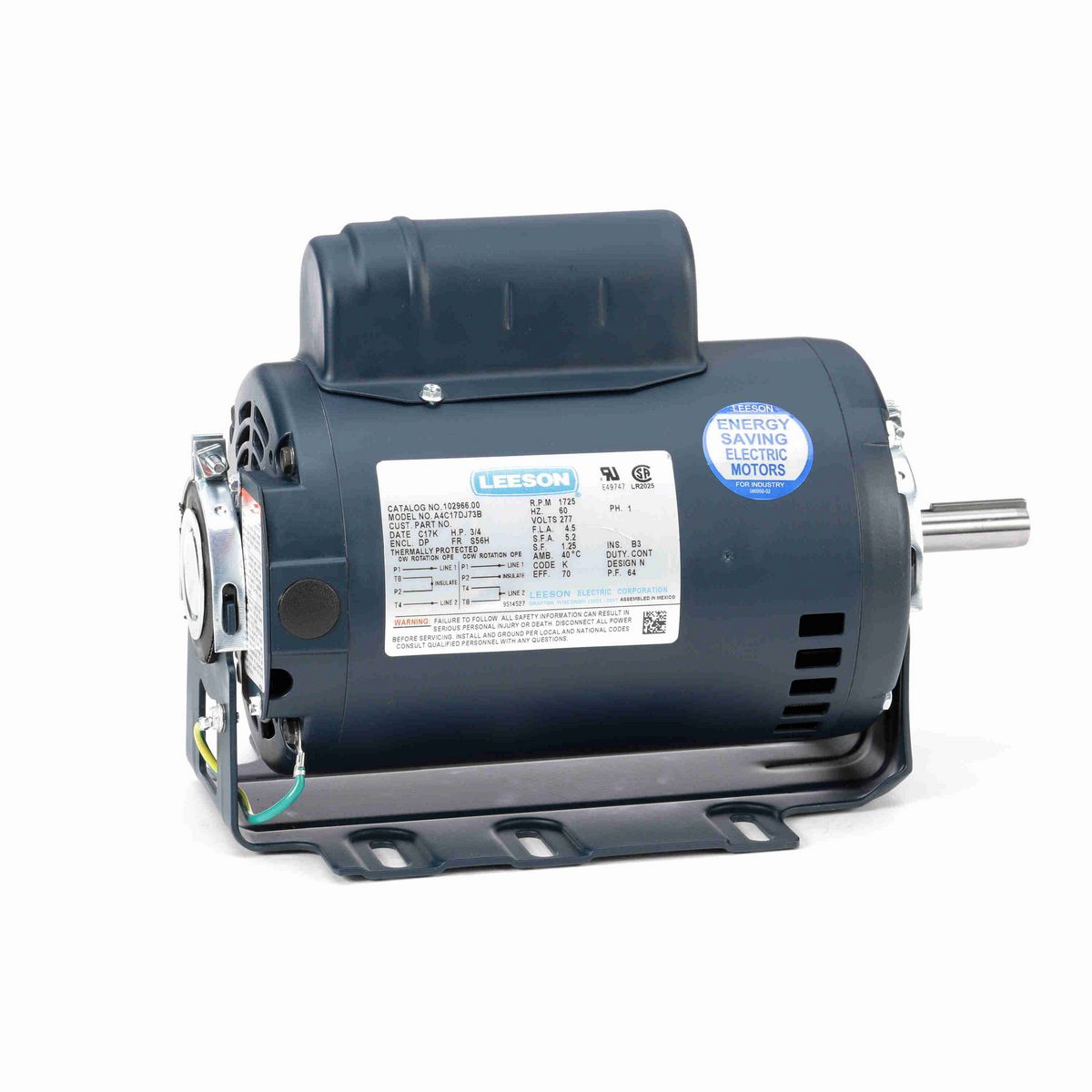 LEESON Fan and Blower Motor, 0.75 HP, 1 Ph, 60 Hz, 277 V, 1800 RPM, S56H Frame, DP - 102966.00
