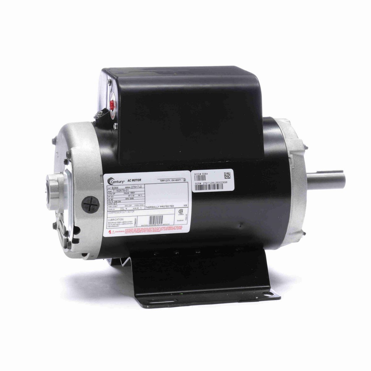 Century Air Compressor Motor, 5.0 HP, 1 Ph, 60 Hz, 208-230 V, 3600 RPM, R56Y Frame, DP - B384