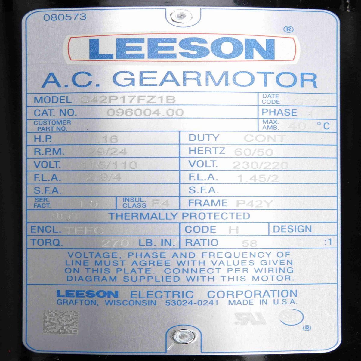 LEESON Parallel Shaft Gearmotor, 0.16 HP, 1 Ph, 60 Hz, 110 V, 29 RPM, P42Y Frame, TEFC - 096004.00