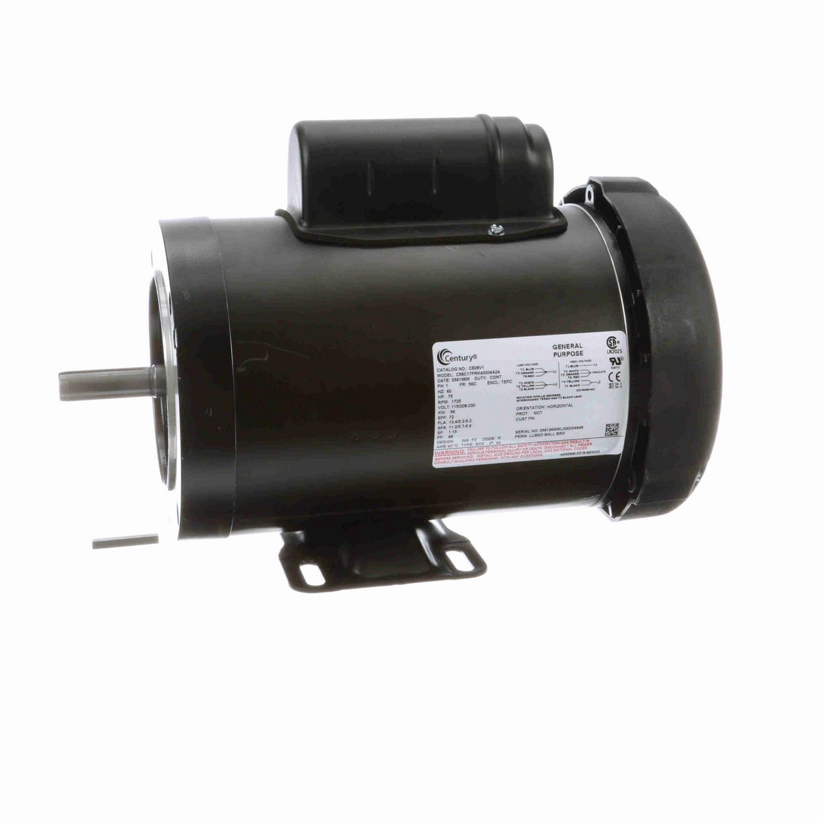 Century General Purpose Motor, .75 HP, 1 Ph, 60 Hz, 115/208-230 V, 1800 RPM, 56C Frame, TEFC - C828V1