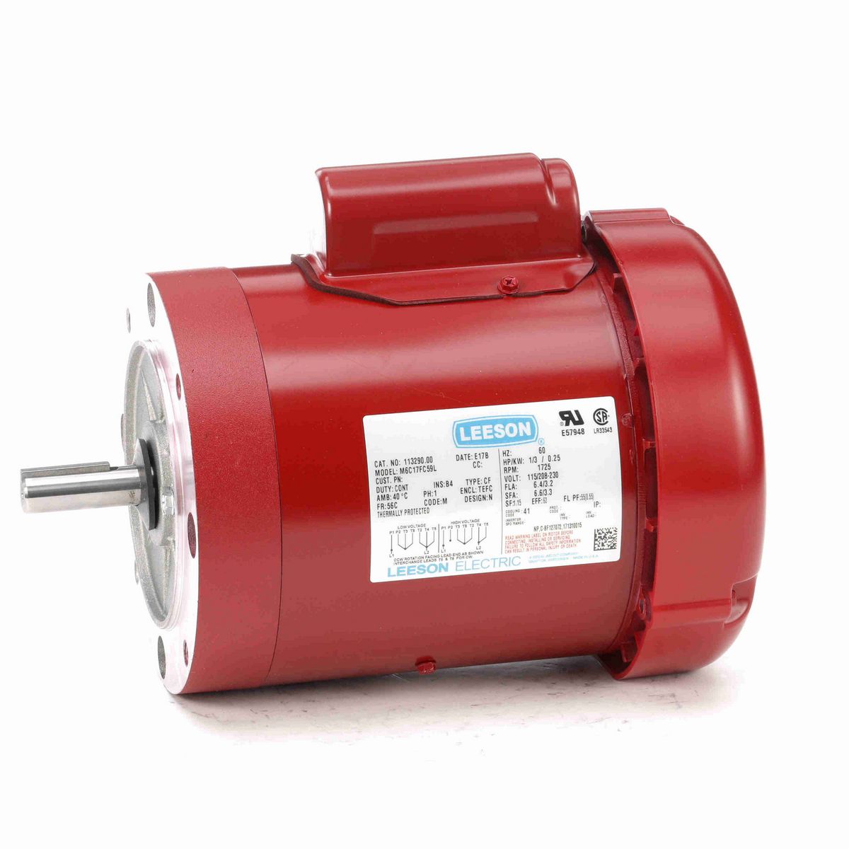 LEESON Agricultural Motor, 0.33 HP, 1 Ph, 60 Hz, 115/230 V, 1800 RPM, 56C Frame, TEFC - 113290.00