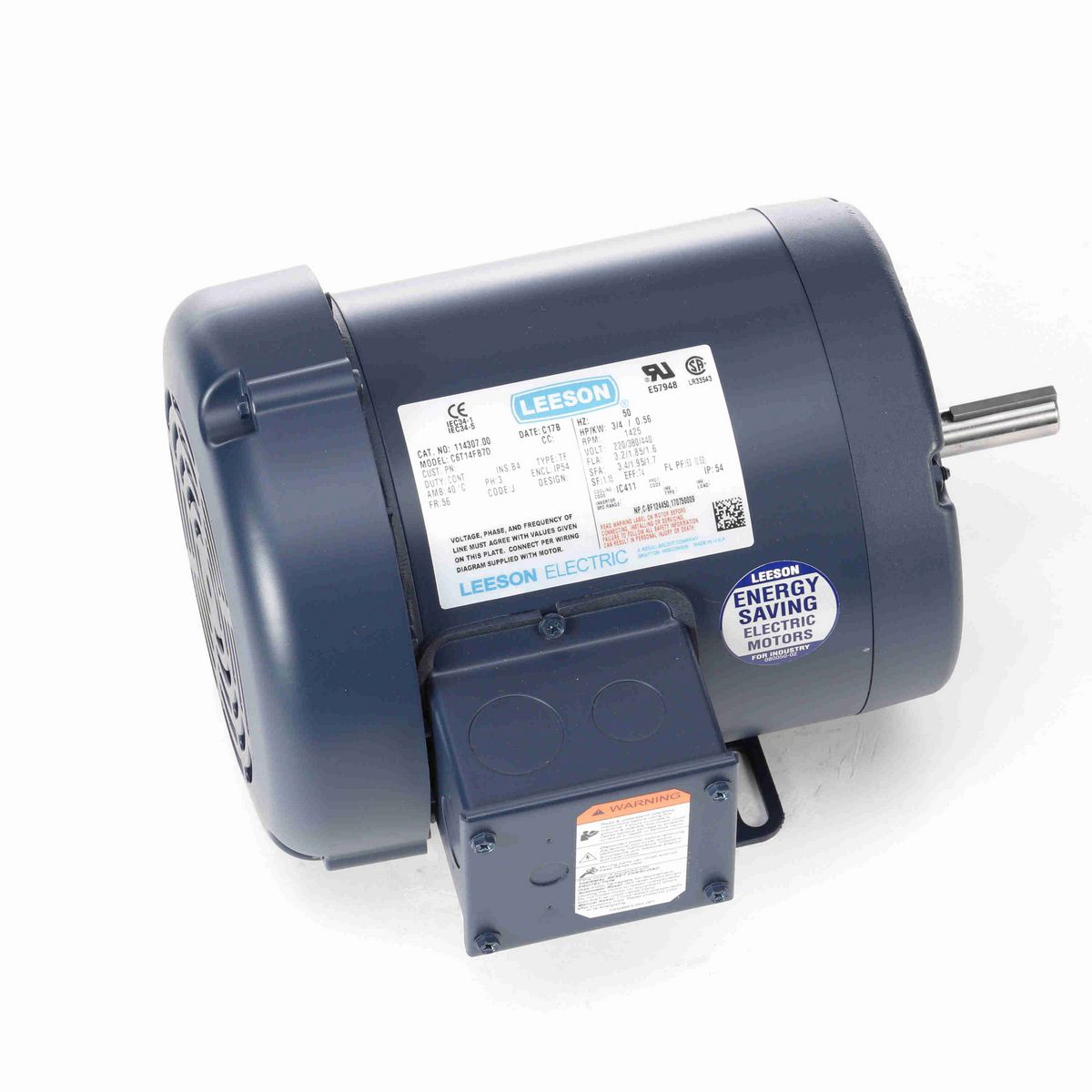LEESON Special Voltage Motor, 0.75 HP, 3 Ph, 50 Hz, 220/380/440 V, 1500 RPM, 56 Frame, TEFC - 114307.00