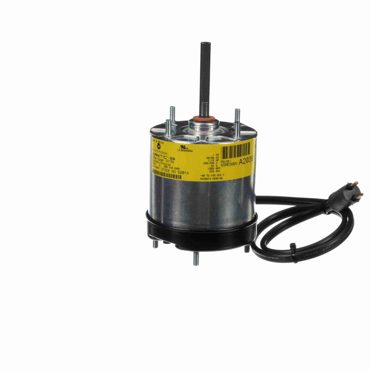 Morrill Motors ARKTIC® 59 Refrigeration Motor, 1/15 HP, 1 Ph, 60/50 Hz, 208-230 V, 1550 RPM, 3.45 Frame, TEAO - 5201A