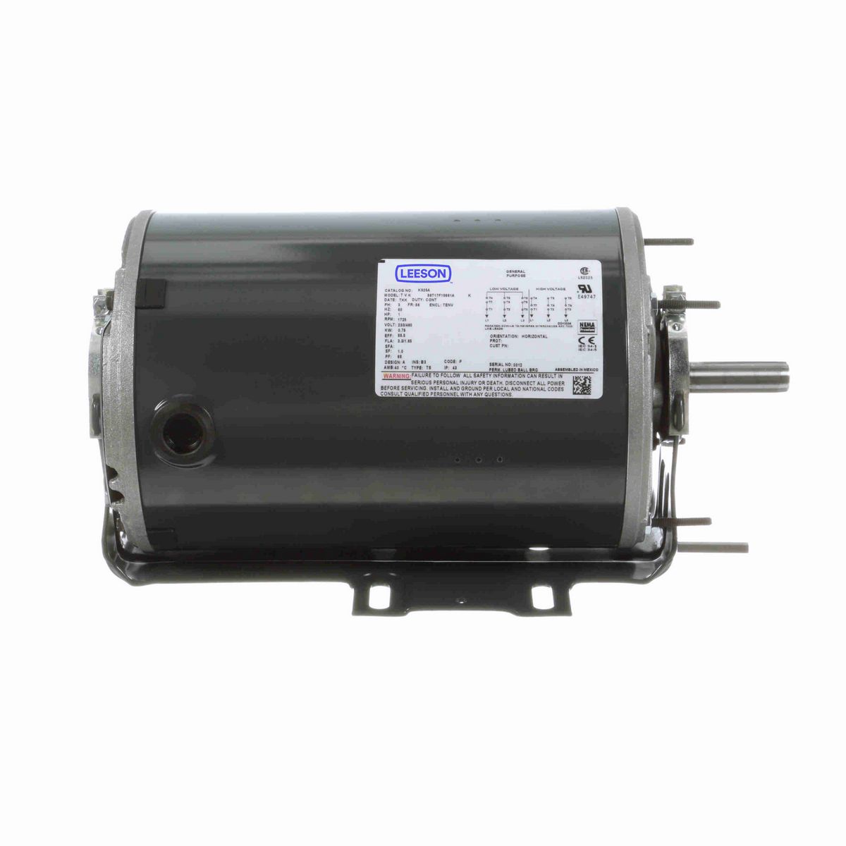LEESON Fan and Blower Motor, 1 HP, 3 Ph, 60 Hz, 230/460 V, 1800 RPM, 56 Frame, TENV - K525A
