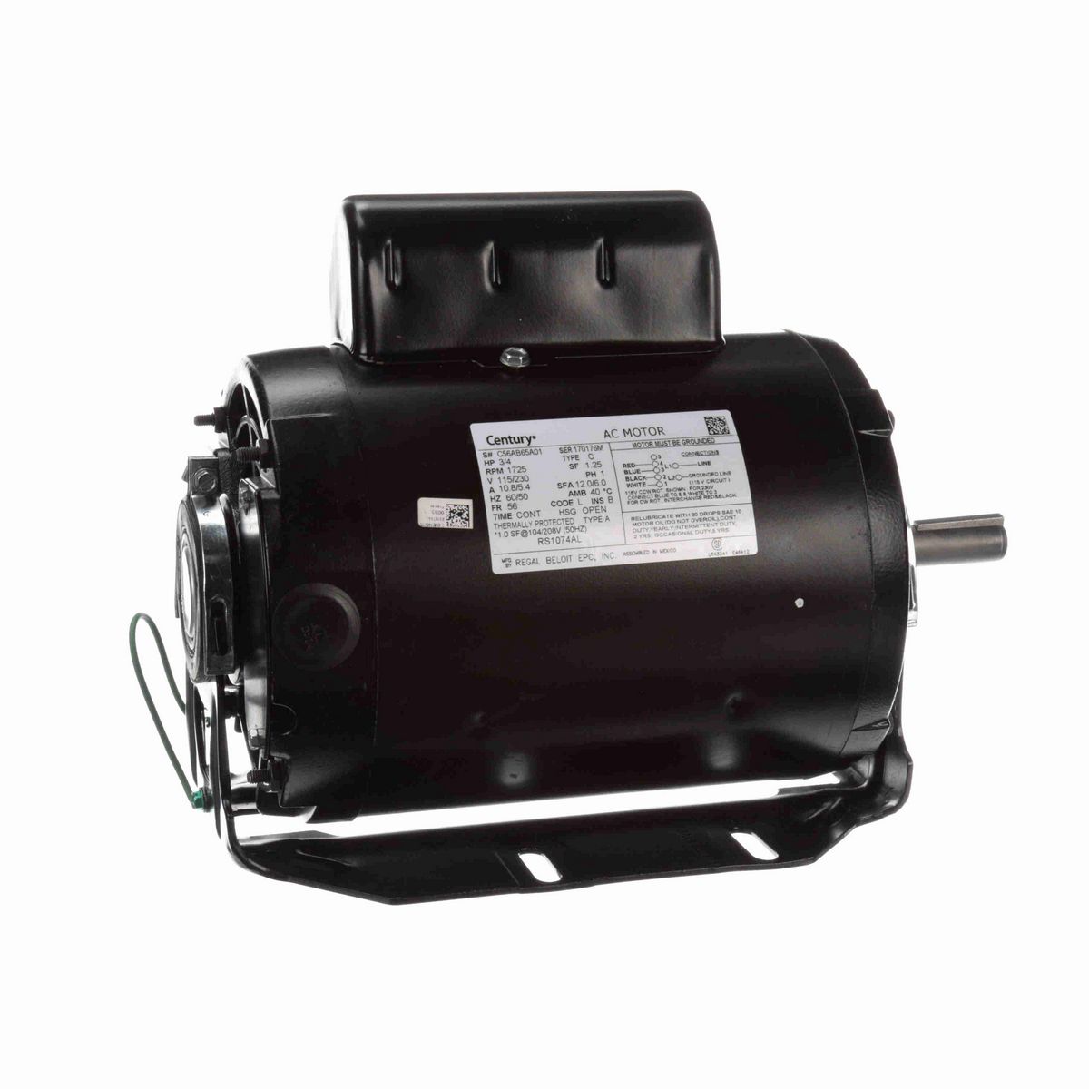 Century Fan and Blower Motor, 3/4 HP, 1 Ph, 60/50 Hz, 115/230 V, 1800 RPM, 56 Frame, OPEN - RS1074AL