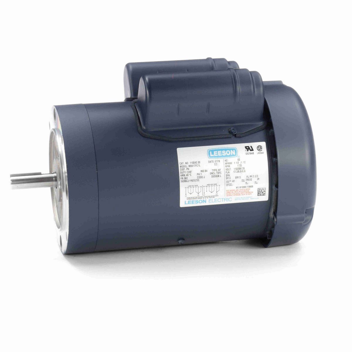 LEESON General Purpose Motor, 1.50 HP, 1 Ph, 60 Hz, 115/230 V, 1800 RPM, 56C Frame, TEFC - 110042.00
