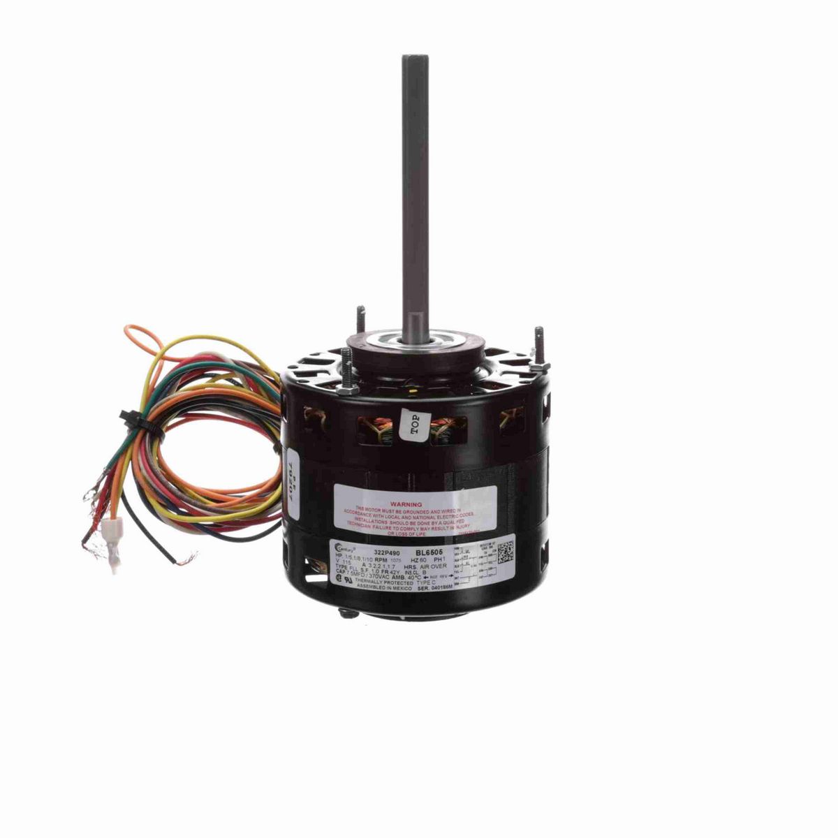Century Fan and Blower Motor, 1/5,1/8,1/10 HP, 1 Ph, 60 Hz, 115 V, 1075 RPM, 3 Speed, 42 Frame, OAO - BL6505A