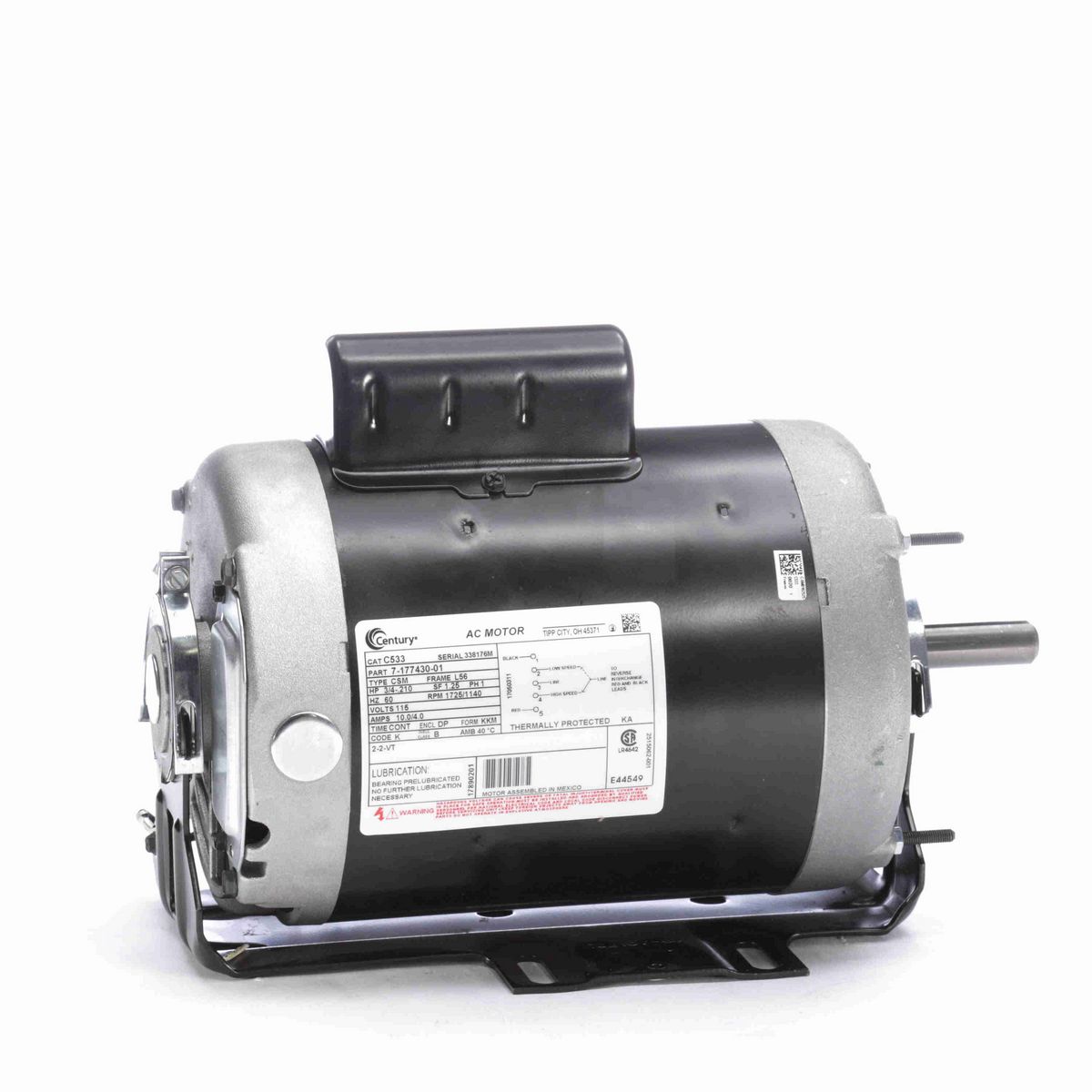 Century Fan and Blower Motor, 3/4-.210 HP, 1 Ph, 60 Hz, 115 V, 1800 RPM, L56 Frame, DP - C533