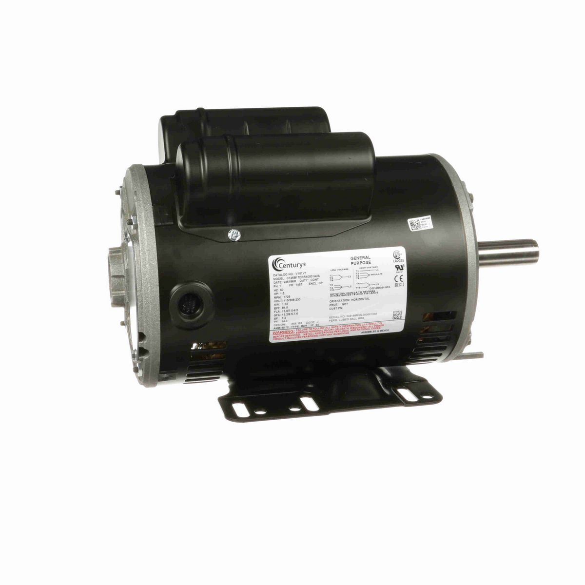 Century General Purpose Motor, 1.5 HP, 1 Ph, 60 Hz, 115/208-230 V, 1800 RPM, 145T Frame, DP - V101V1