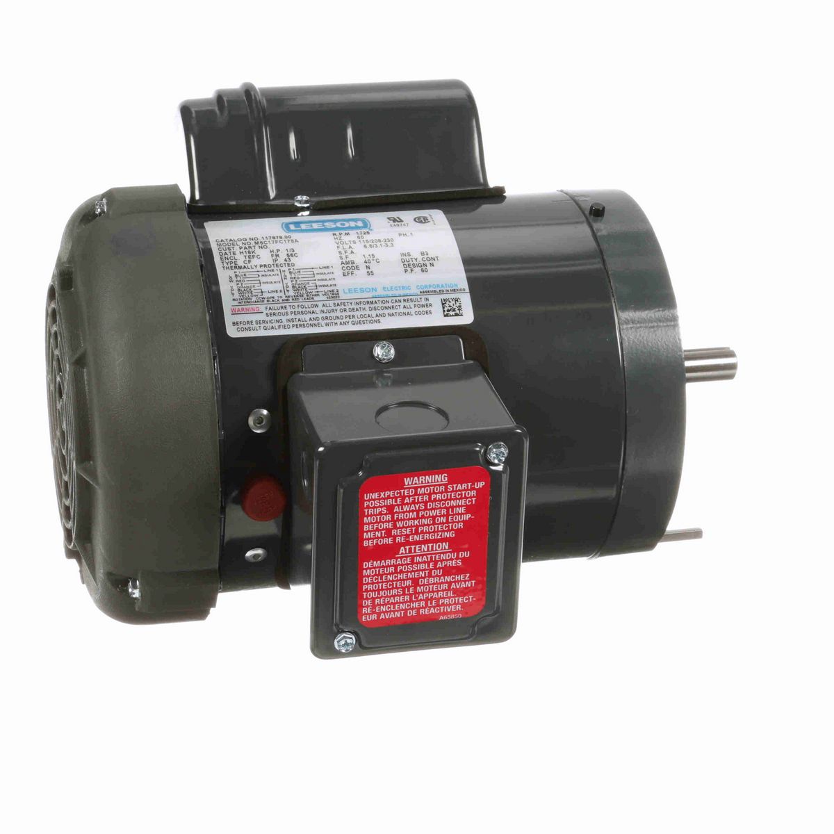 LEESON Agricultural Motor, 0.33 HP, 1 Ph, 60 Hz, 115/208-230 V, 1800 RPM, 56C Frame, TEFC - 117878.00
