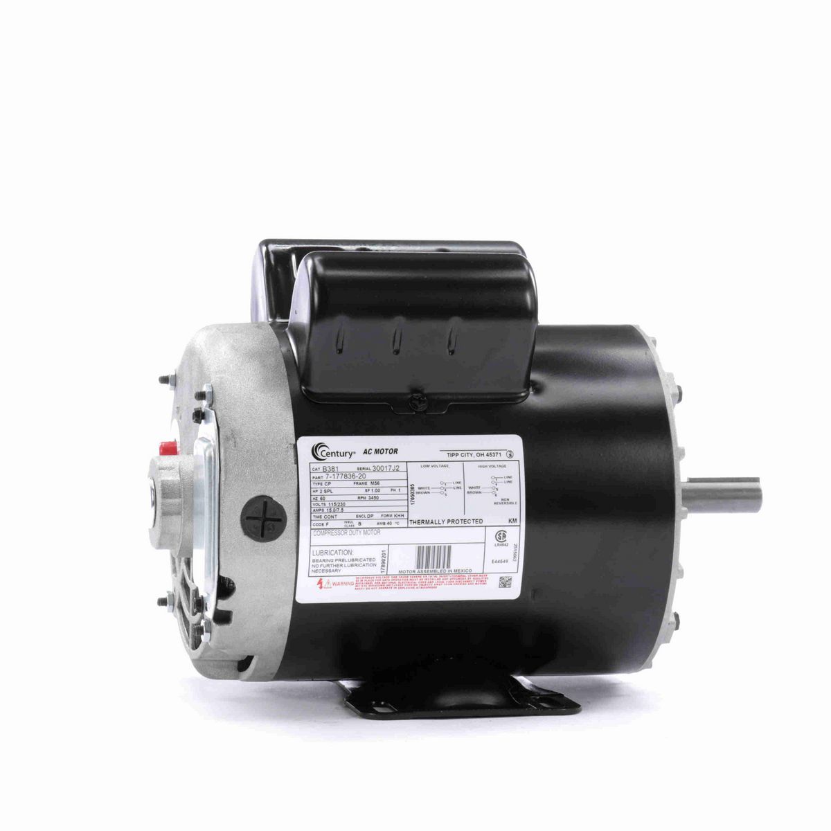 Century Air Compressor Motor, 2 SPL HP, 1 Ph, 60 Hz, 115/230 V, 3600 RPM, M56 Frame, DP - B381