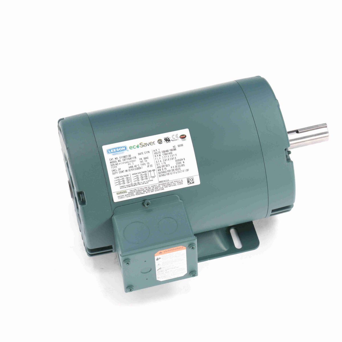 LEESON ecoSaver™ General Purpose Motor, 1 & 1 HP, 3 Ph, 60 & 50 Hz, 230/460 & 190/380 V, 1800 & 1500 RPM, 56HZ Frame, DP - E115827.00