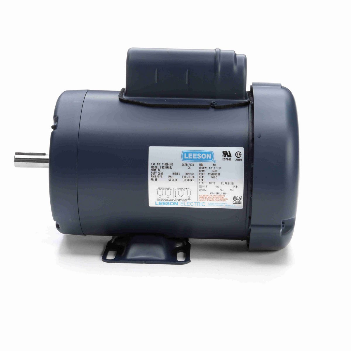 LEESON General Purpose Motor, 1.50 HP, 1 Ph, 60 Hz, 115/230 V, 3600 RPM, 56 Frame, TEFC - 110094.00