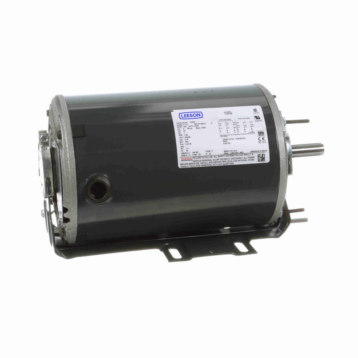 LEESON Fan and Blower Motor, 1 HP, 3 Ph, 60 Hz, 230/460 V, 1800 RPM, 56 Frame, TENV - K525A