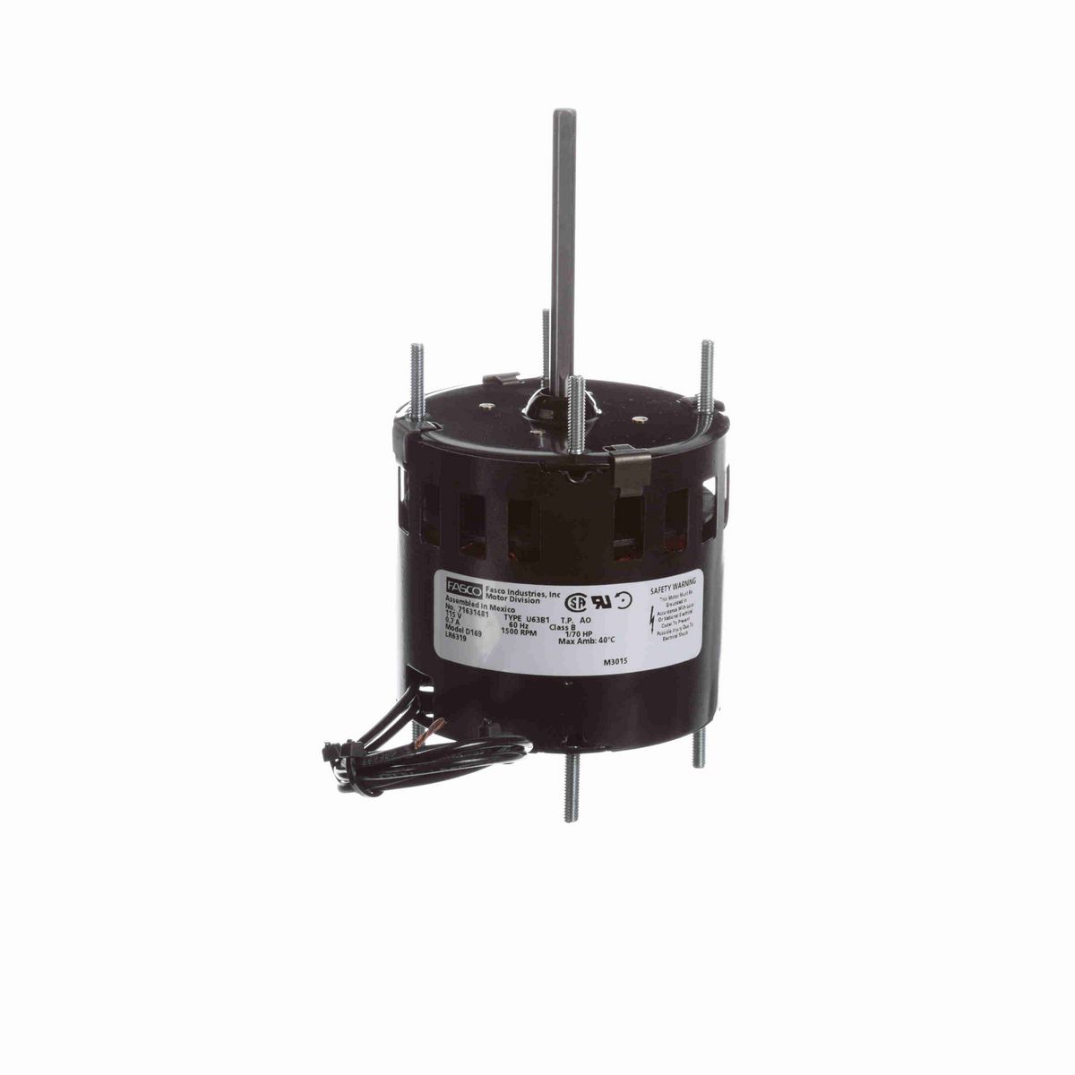 FASCO Fan and Blower Motor, 1/70 HP, 1 Ph, 60 Hz, 115 V, 1500 RPM, 1 Speed, 3.3" Diameter, OAO - D169