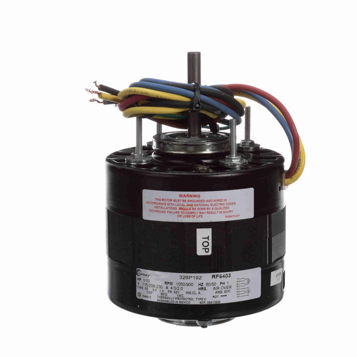 Century Refrigeration Motor, 1/10 HP, 1 Ph, 60/50 Hz, 115/208-230 V, 1050/900 RPM, 1 Speed, 42 Frame, OPEN - RF6403