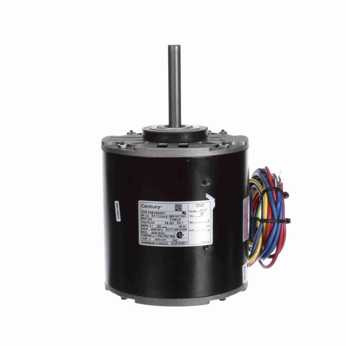 Century OEM Replacement Motor, 1/3 HP, 1 Ph, 60 Hz, 230 V, 825 RPM, 1 Speed, 48 Frame, SEMI ENCL - OLE1038V1