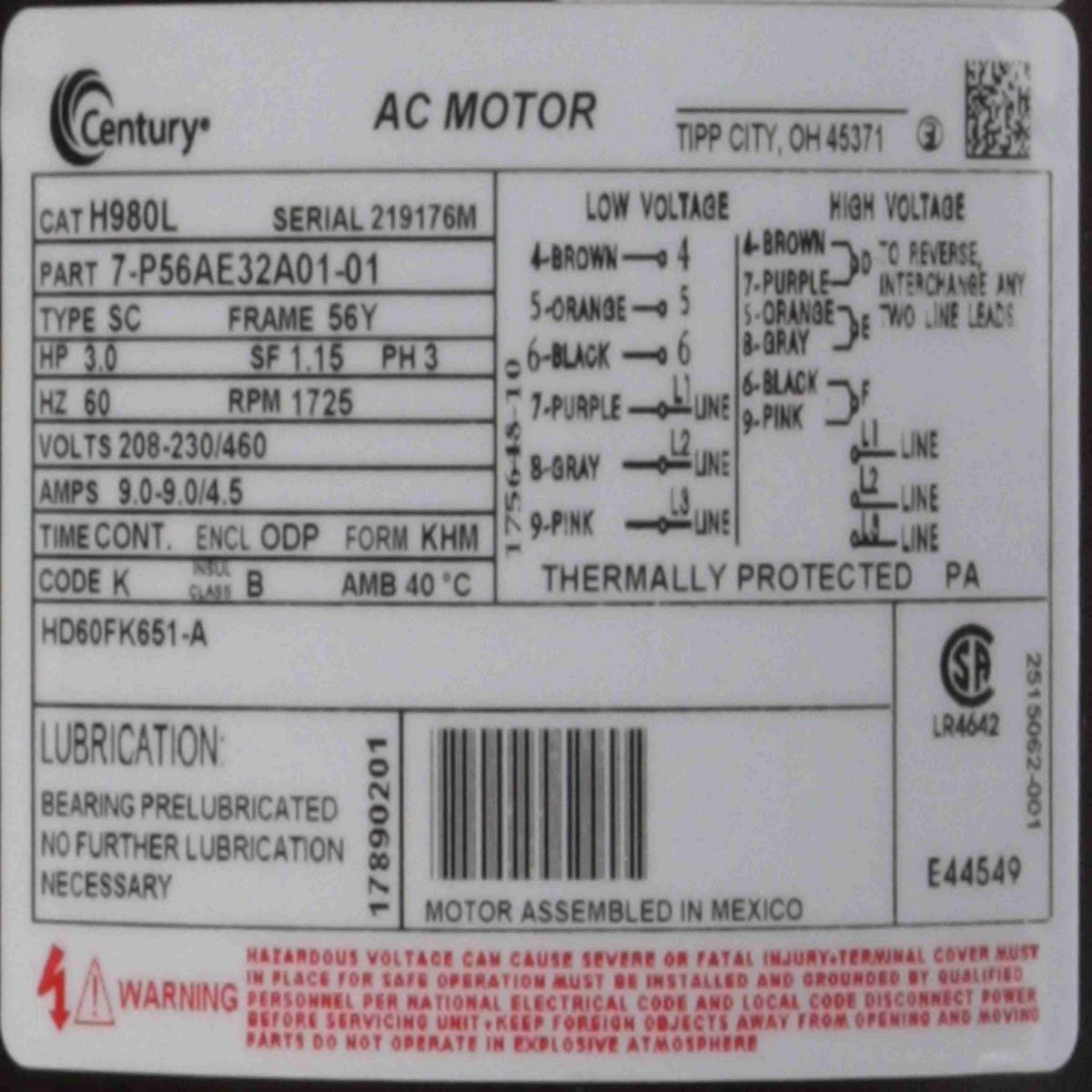 Century OEM Replacement Motor, 3.0 HP, 3 Ph, 60 Hz, 208-230/460 V, 1800 RPM, 56Y Frame, ODP - H980L