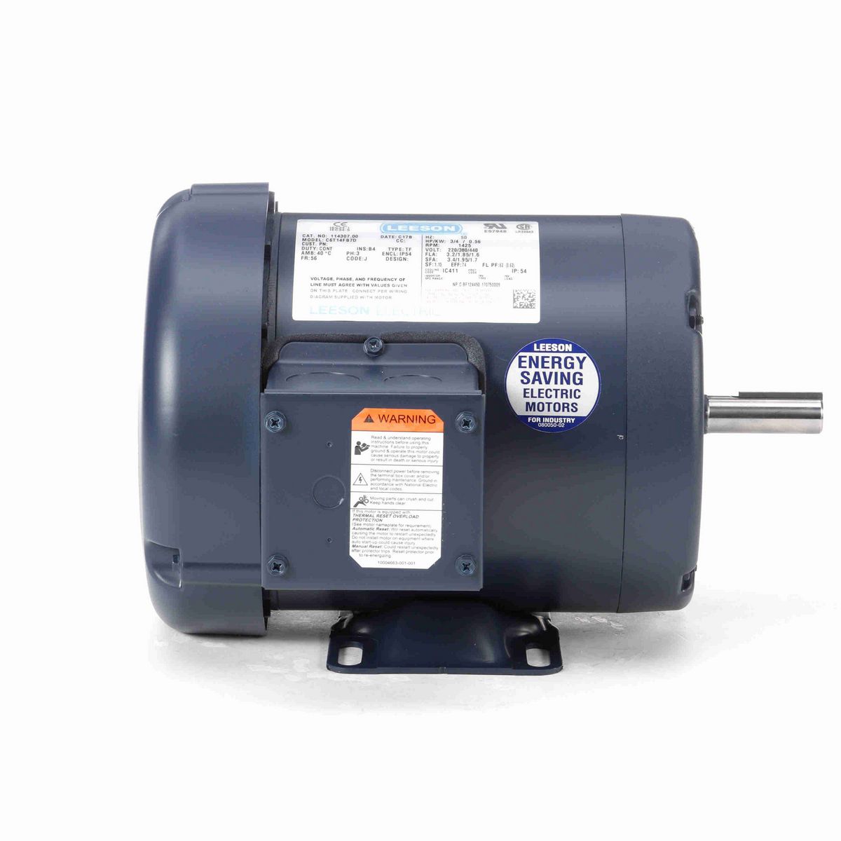 LEESON Special Voltage Motor, 0.75 HP, 3 Ph, 50 Hz, 220/380/440 V, 1500 RPM, 56 Frame, TEFC - 114307.00