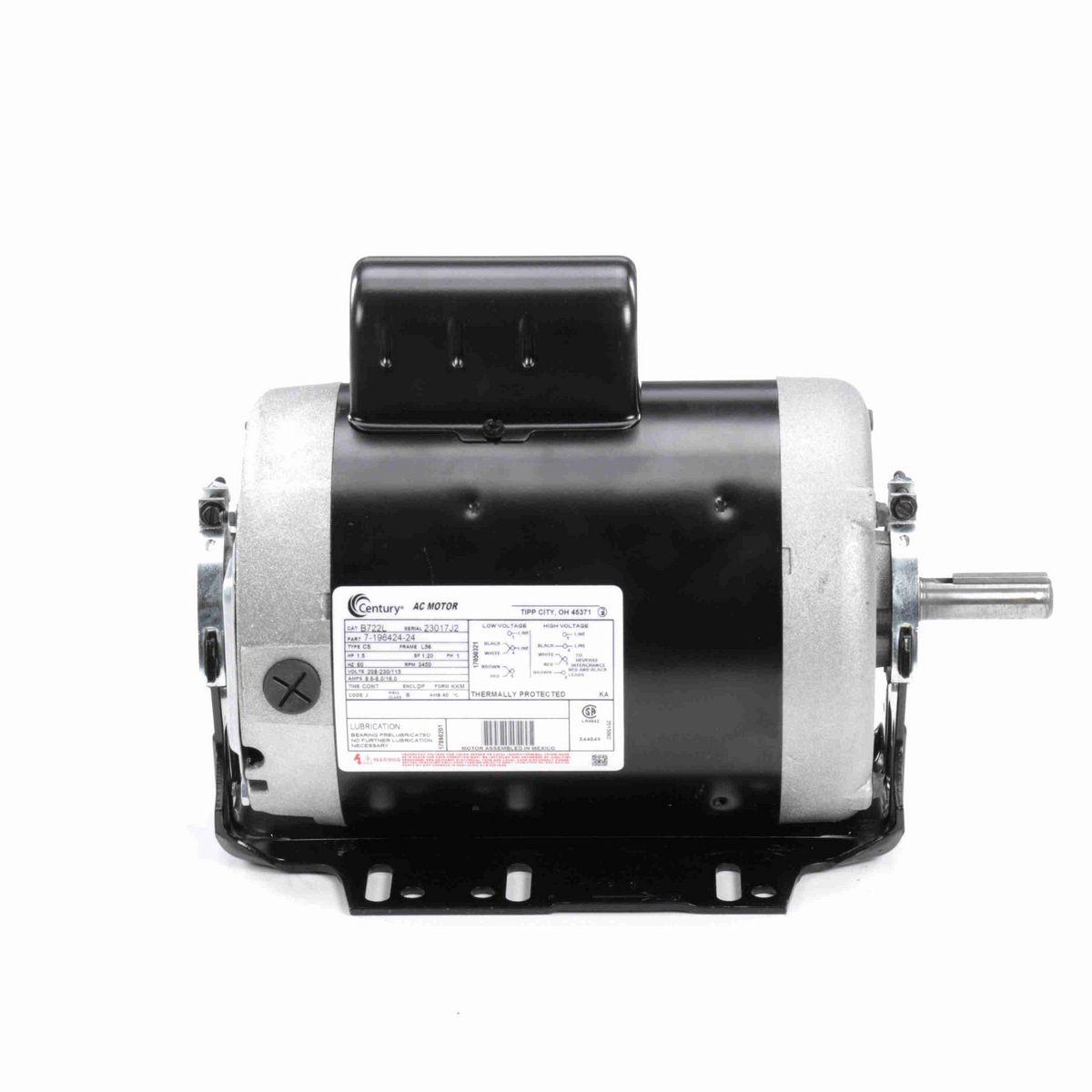 Century Fan and Blower Motor, 1.5 HP, 1 Ph, 60 Hz, 208-230/115 V, 3600 RPM, L56 Frame, DP - B722L