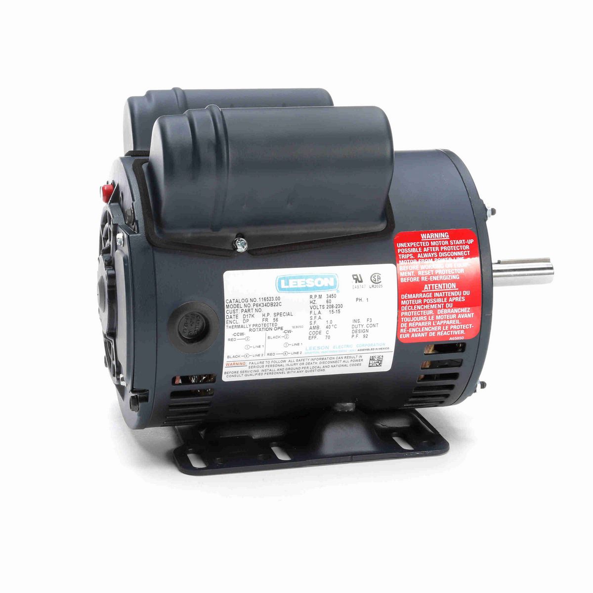 LEESON Air Compressor Motor, 5 HP, 1 Ph, 60 Hz, 230 V, 3600 RPM, 56 Frame, DP - 116523.00