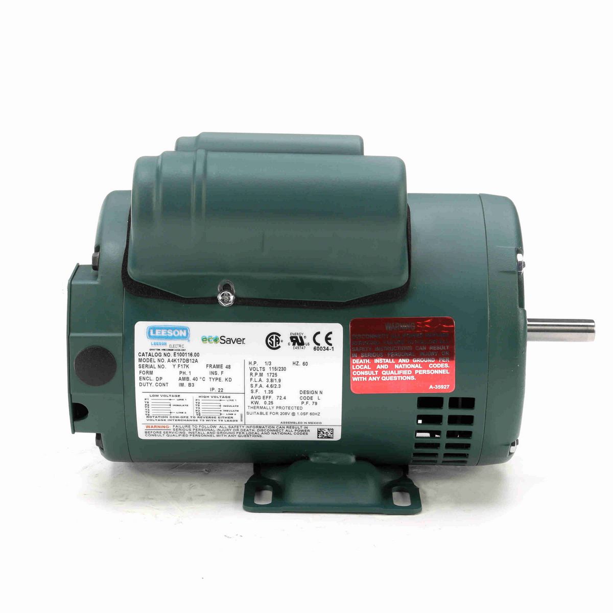 LEESON ecoSaver™ General Purpose Motor, 0.33 HP, 1 Ph, 60 Hz, 115/230 V, 1800 RPM, 48 Frame, DP - E100116.00