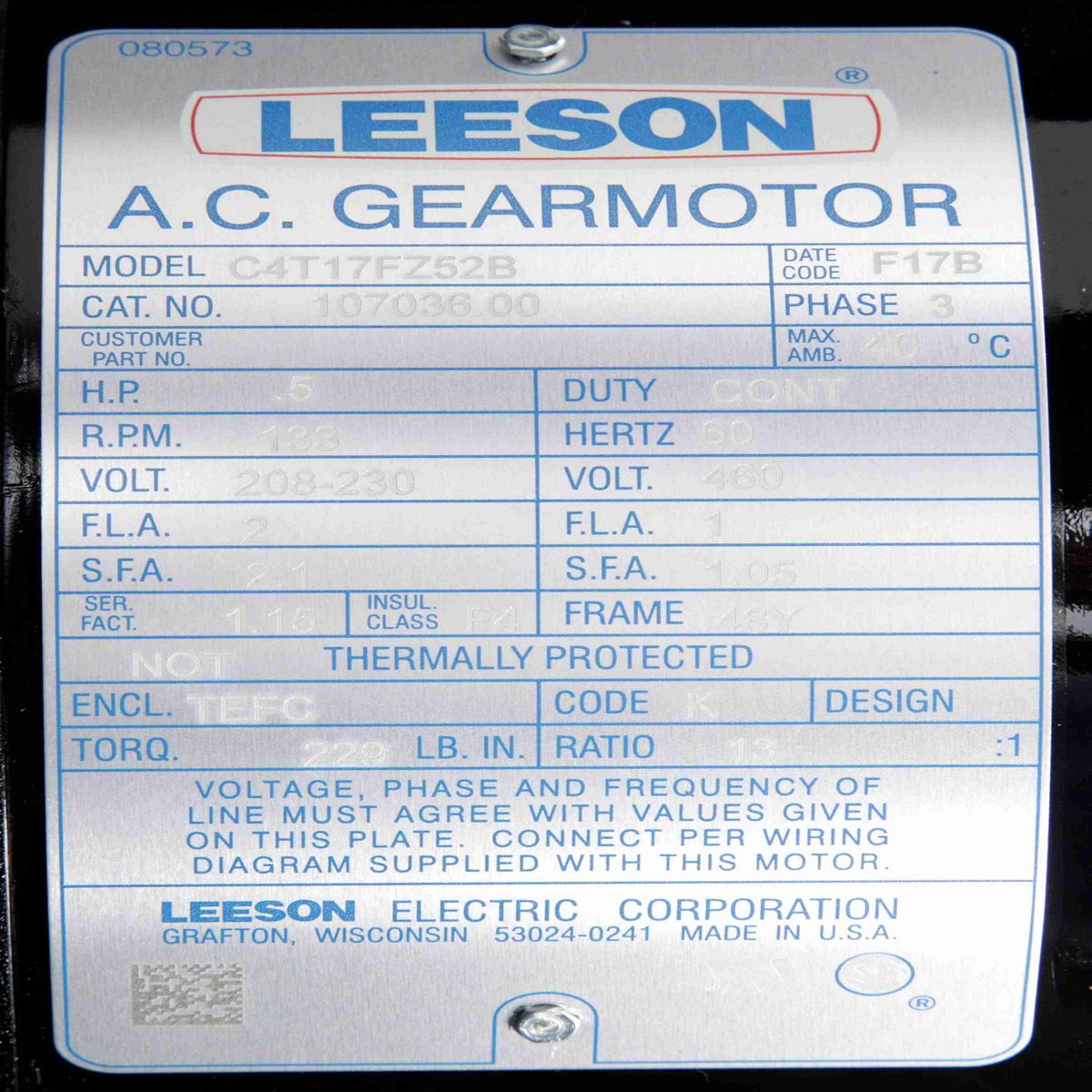 LEESON Parallel Shaft Gearmotor, 0.50 HP, 3 Ph, 60 Hz, 208-230/460 V, 133 RPM, 48Y Frame, TEFC - 107036.00