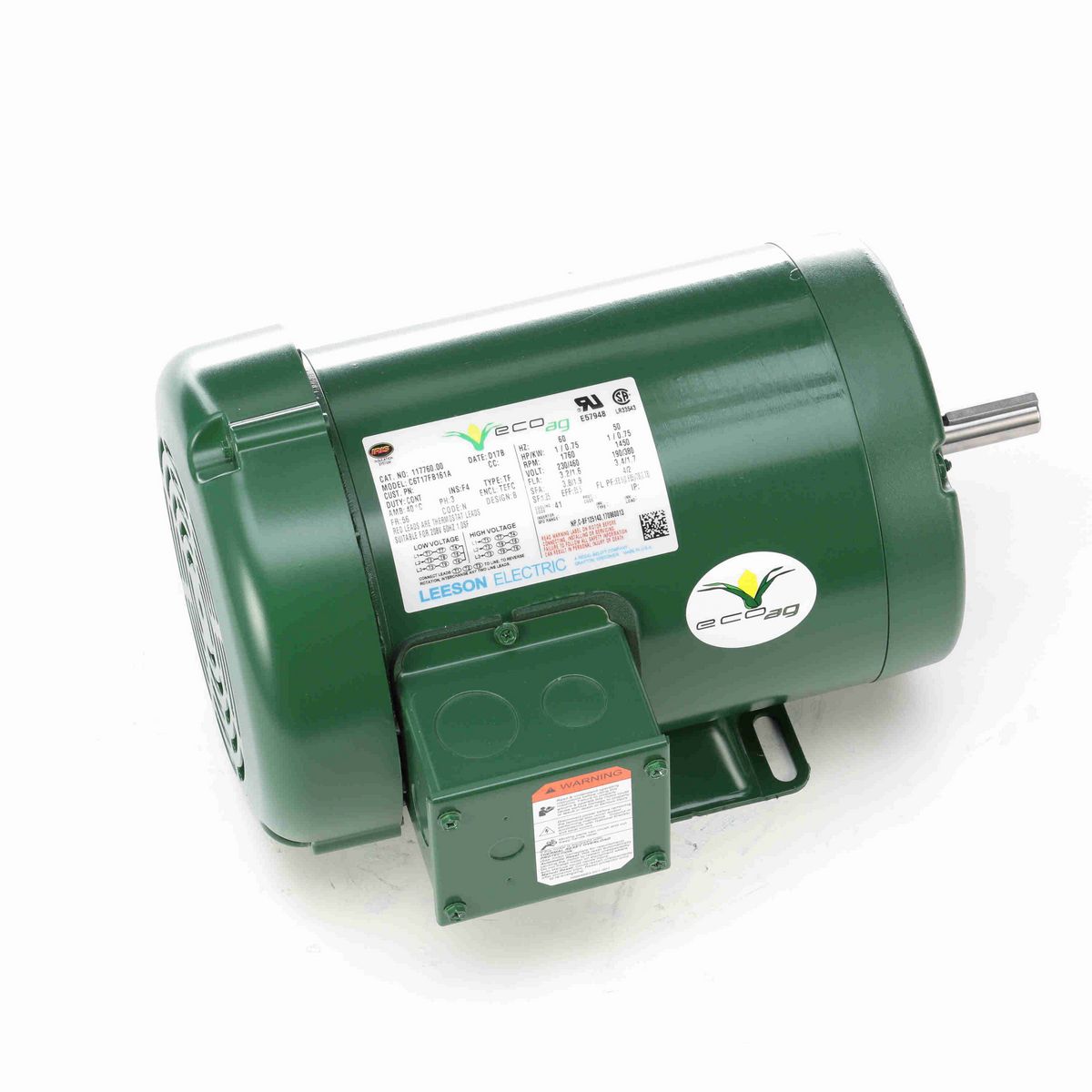 LEESON eco Ag® Agricultural Motor, 1 & 1 HP, 3 Ph, 60 & 50 Hz, 230/460 & 190/380 V, 1800 & 1500 RPM, 56 Frame, TEFC - 117760.00