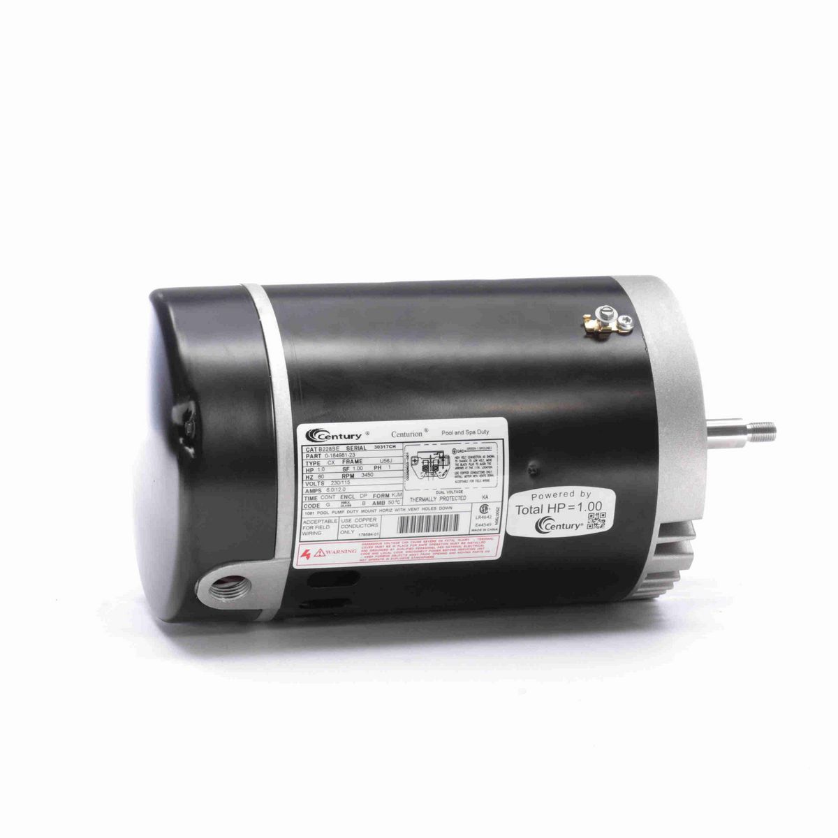 Century Pool Pump Motor, 1.0 HP, 1 Ph, 60 Hz, 230/115 V, 3600 RPM, U56J Frame, DP - B228SE