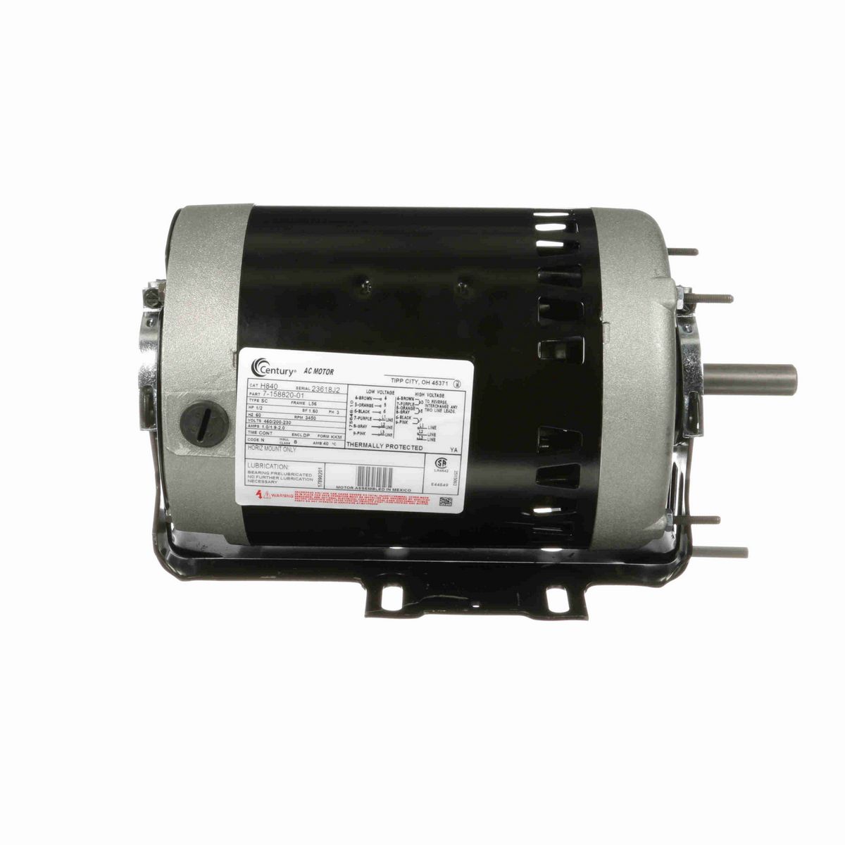 Century General Purpose Motor, 1/2 HP, 3 Ph, 60 Hz, 460/200-230 V, 3600 RPM, L56 Frame, DP - H840