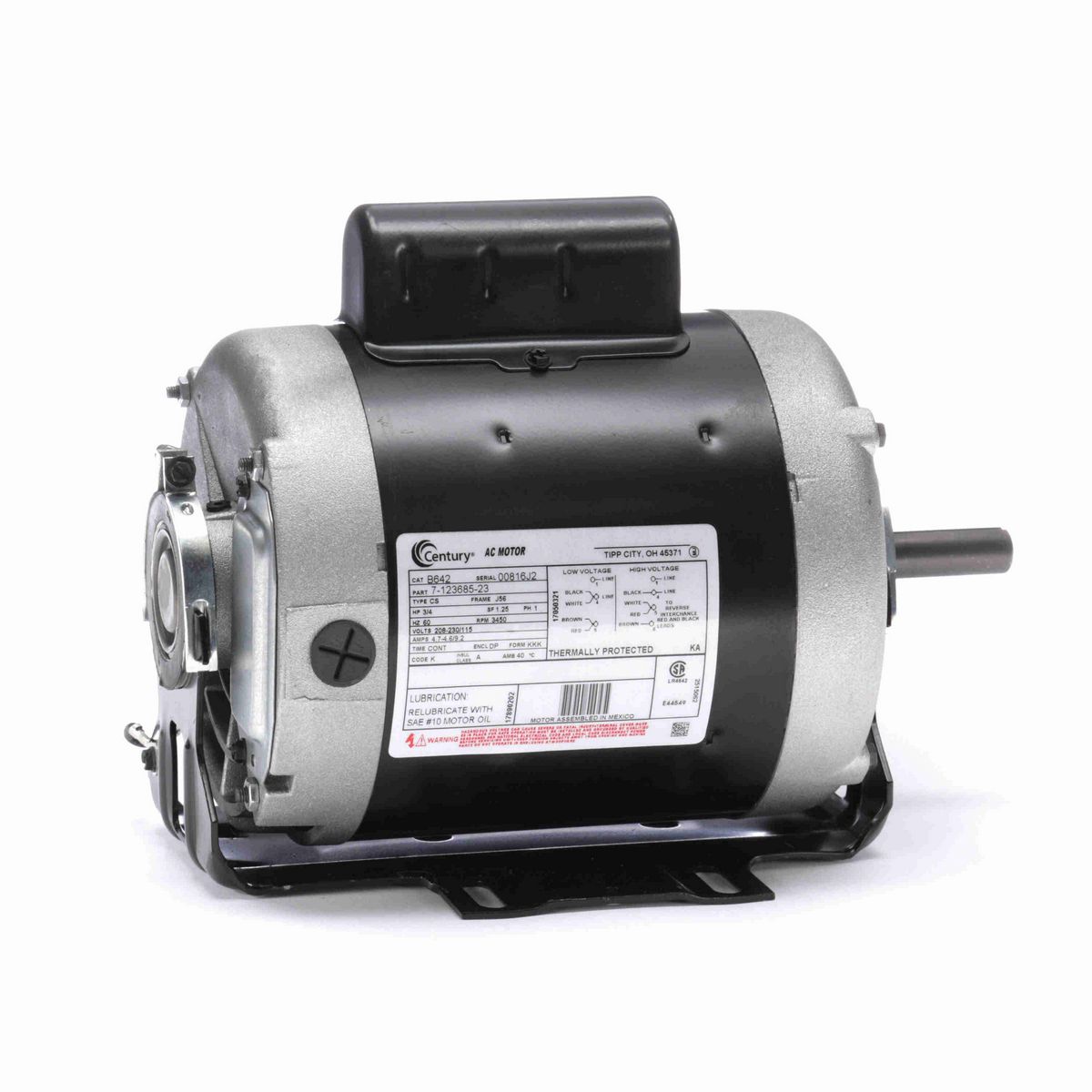 Century General Purpose Motor, 3/4 HP, 1 Ph, 60 Hz, 208-230/115 V, 3600 RPM, J56 Frame, DP - B642