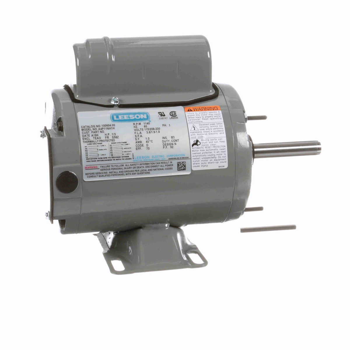 LEESON Agricultural Motor, 0.33 HP, 1 Ph, 60 Hz, 115/230 V, 1200 RPM, S56Z Frame, TEAO - 100604.00