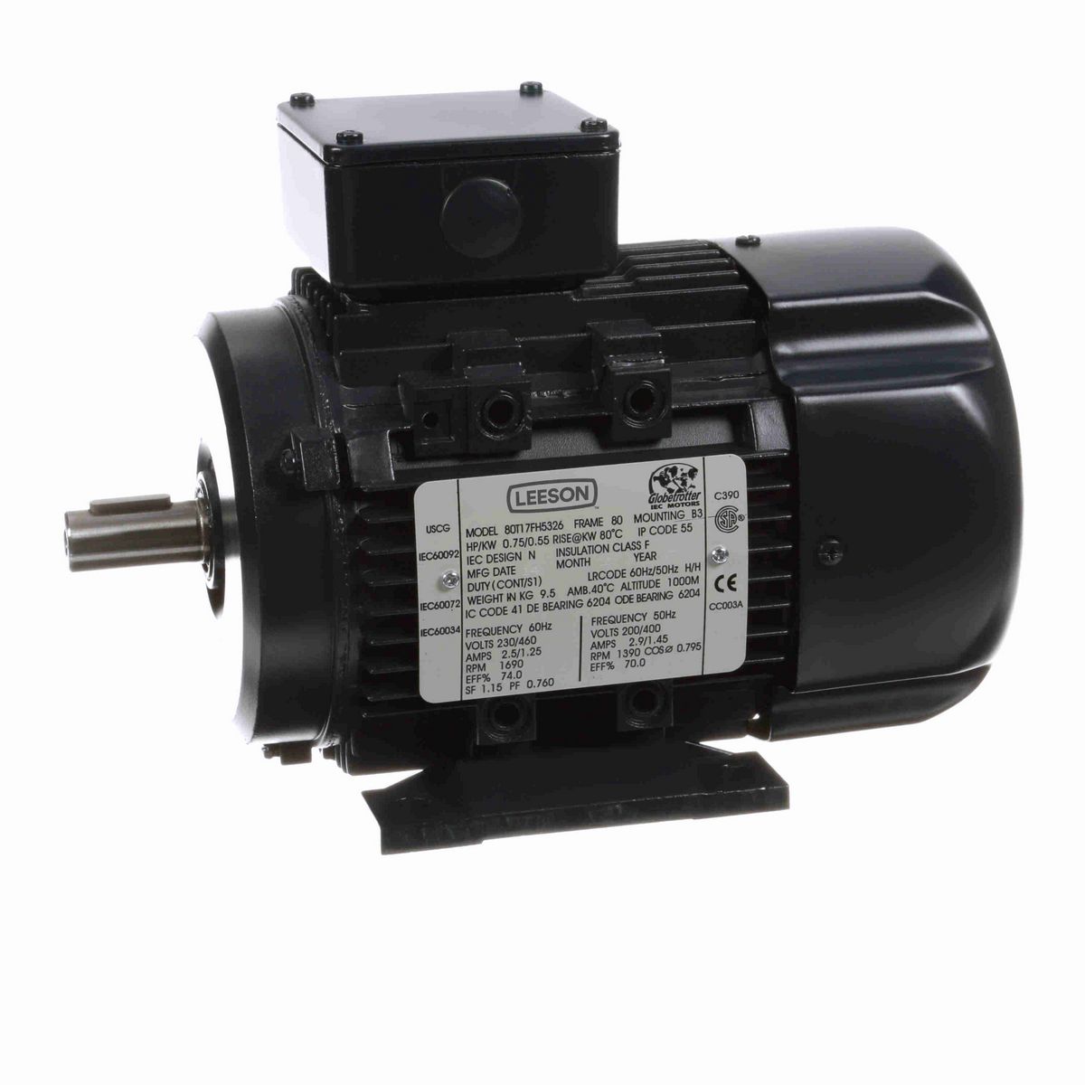 LEESON Aluminium Motor, 0.75 & 0.75 HP, 3 Ph, 60 & 50 Hz, 230/460 & 200/400 V, 1800 & 1500 RPM, 80 Frame, TEFC - R310