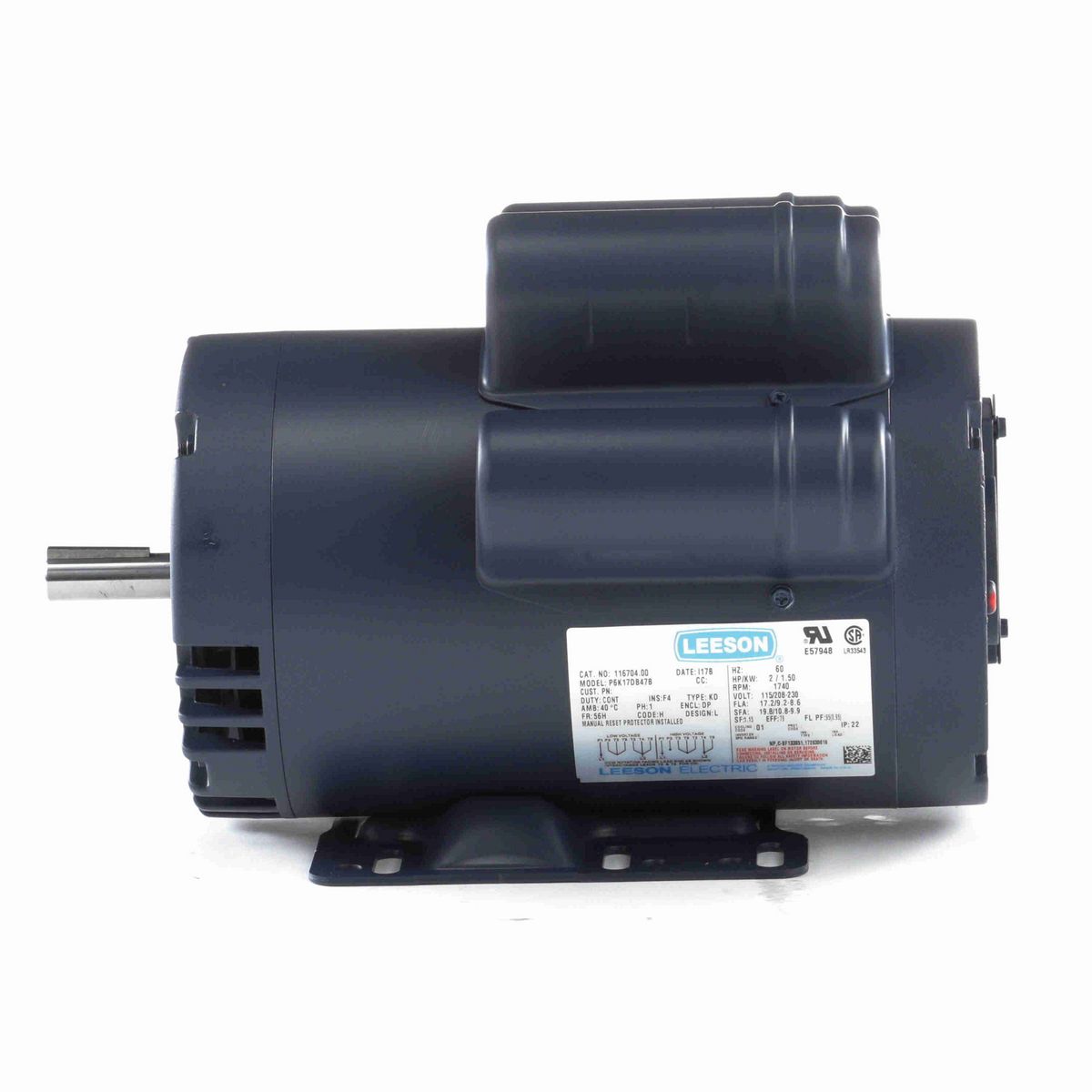 LEESON Pressure Washer Motor, 2 HP, 1 Ph, 60 Hz, 115/230 V, 1800 RPM, 56H Frame, DP - 116704.00