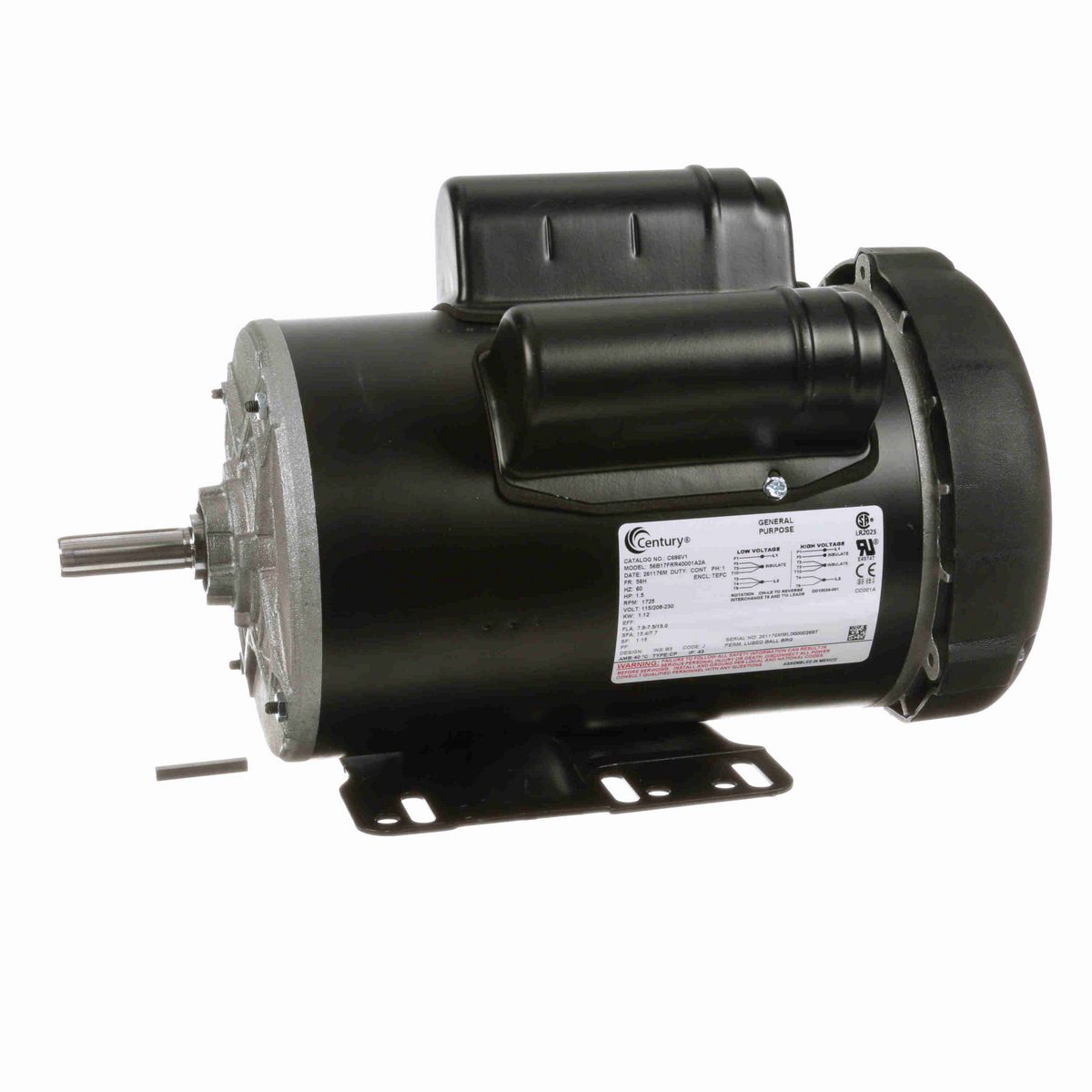 Century General Purpose Motor, 1.5 HP, 1 Ph, 60 Hz, 115/208-230 V, 1800 RPM, 56H Frame, TEFC - C686V1