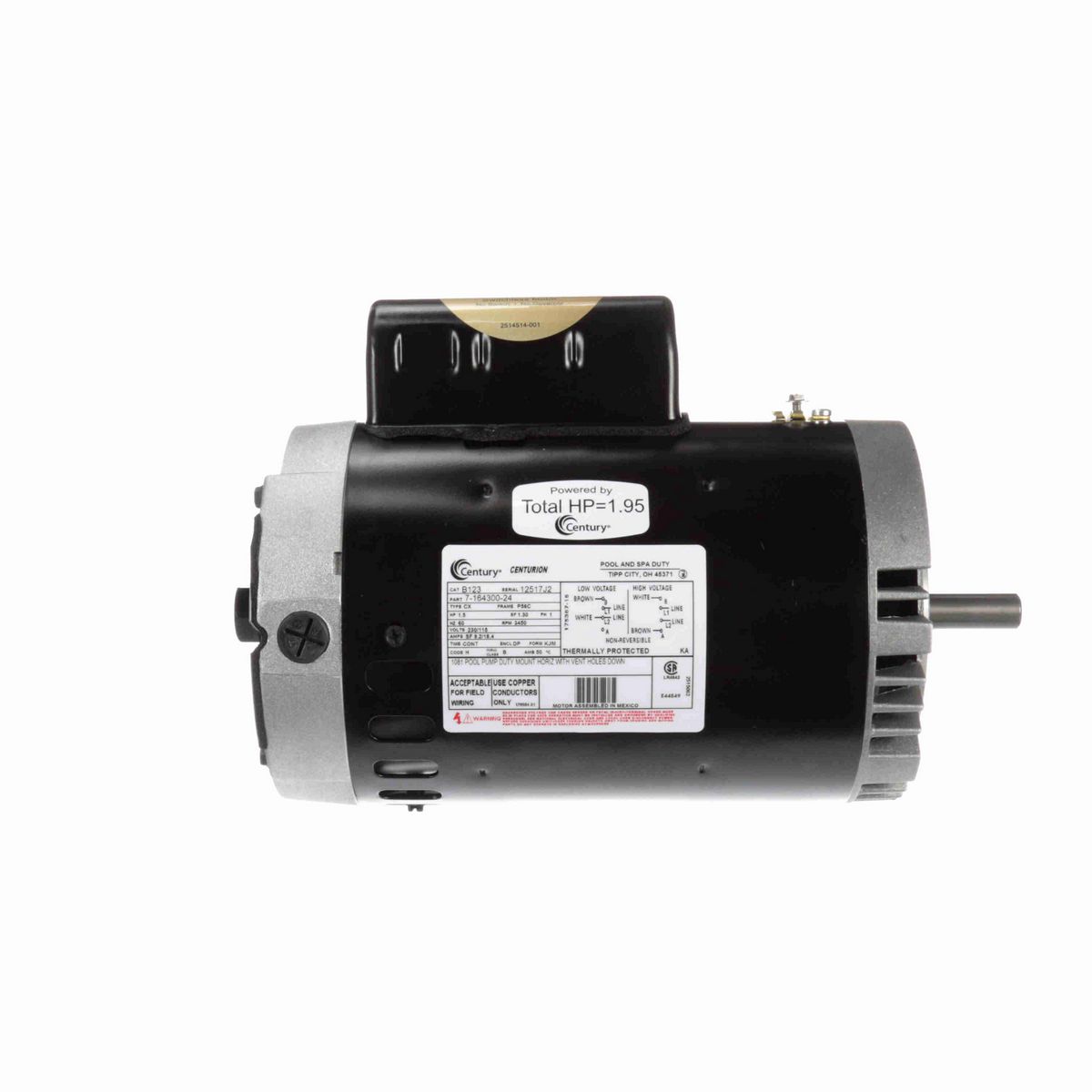 Century Pool Pump Motor, 1.5 HP, 1 Ph, 60 Hz, 230/115 V, 3600 RPM, P56C Frame, DP - B123
