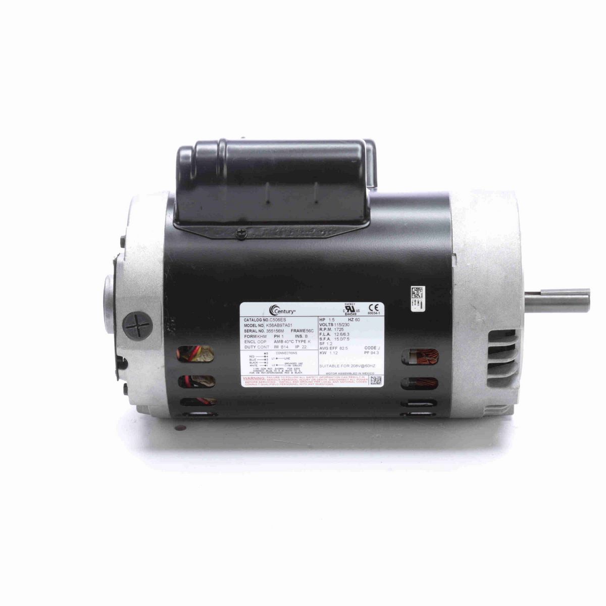 Century General Purpose Motor, 1.5 HP, 1 Ph, 60 Hz, 115/230 V, 1800 RPM, 56C Frame, ODP - C506ES