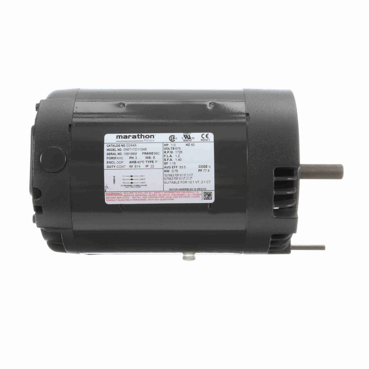 LEESON General Purpose Motor, 1 HP, 3 Ph, 60 Hz, 575 V, 1800 RPM, 56C Frame, DP - G244A