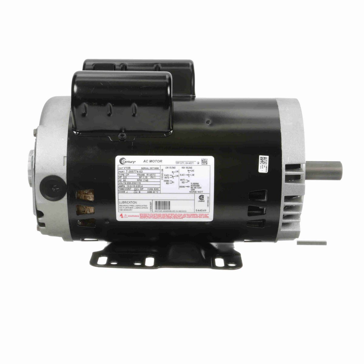 Century General Purpose Motor, 2.0 HP, 1 Ph, 60 Hz, 208-230/115 V, 1800 RPM, R145TC Frame, DP - V106