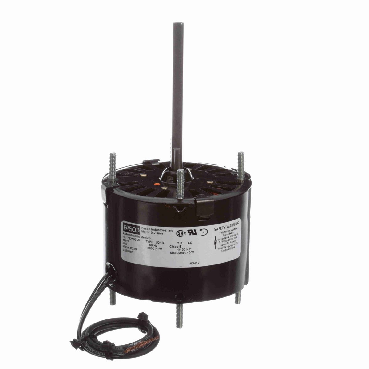 FASCO Fan and Blower Motor, 1/100 HP, 1 Ph, 60 Hz, 120 V, 3000 RPM, 1 Speed, 3.3" Diameter, OAO - D229