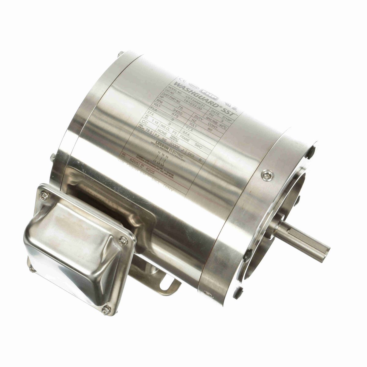 LEESON General Purpose Motor, 0.75 HP, 3 Ph, 60 Hz, 575 V, 3600 RPM, 56C Frame, TENV - 191233.00