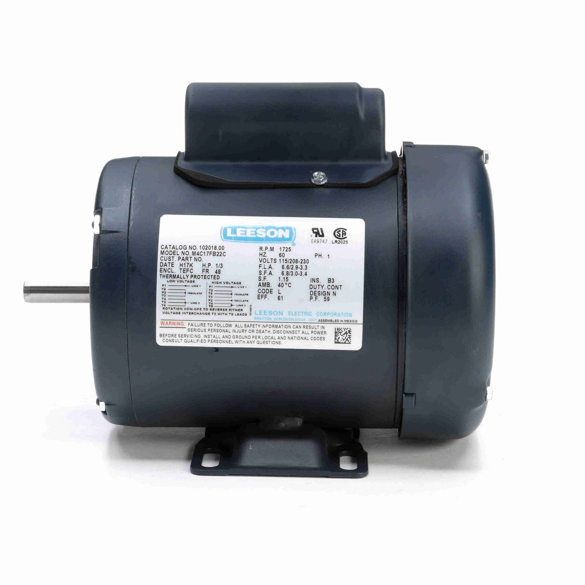 LEESON General Purpose Motor, 0.33 HP, 1 Ph, 60 Hz, 115/230 V, 1800 RPM, 48 Frame, TEFC - 102018.00